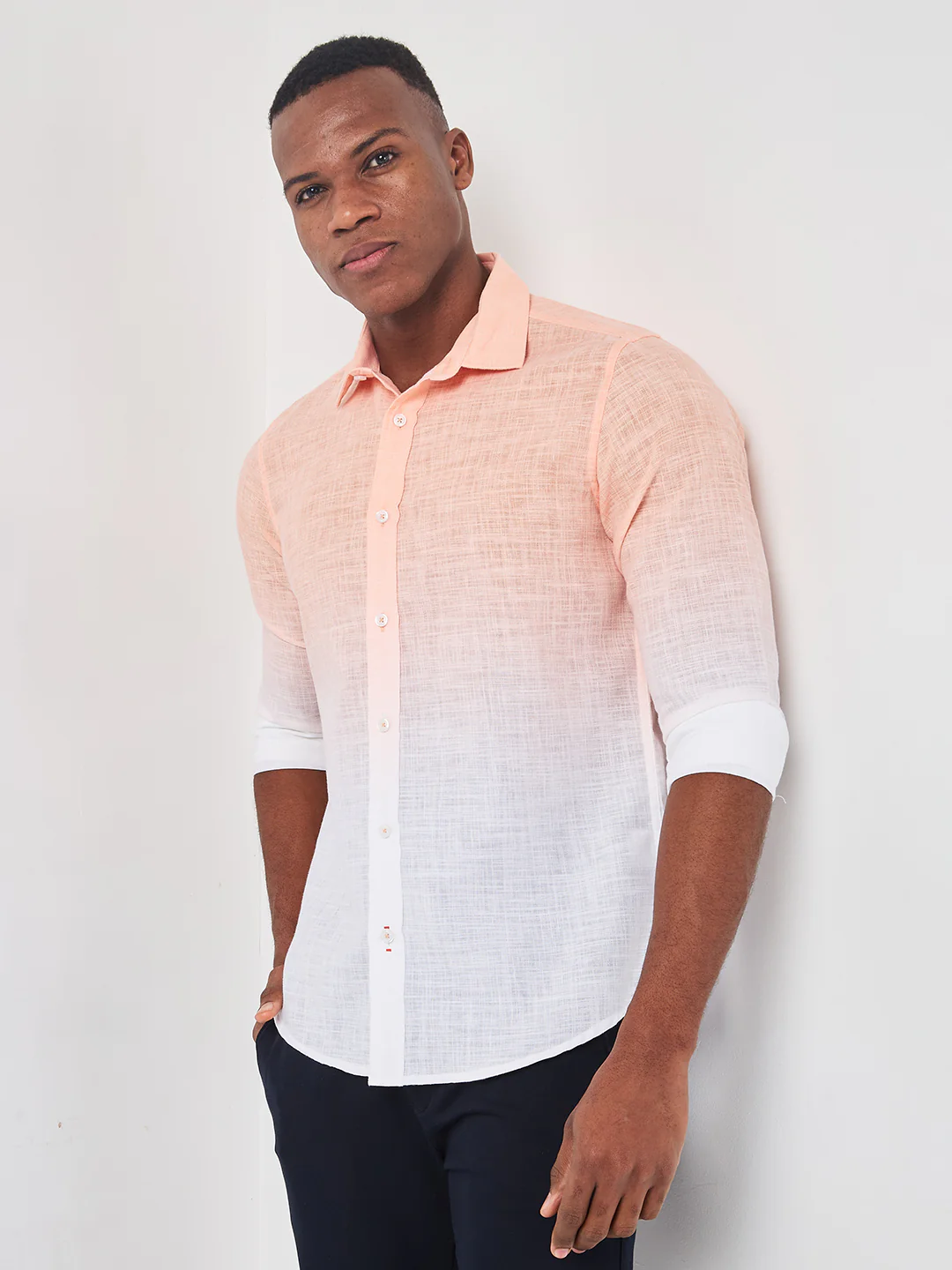 Full sleeves Slim Fit Peach Ombre Slub Print Shirt - Image 6
