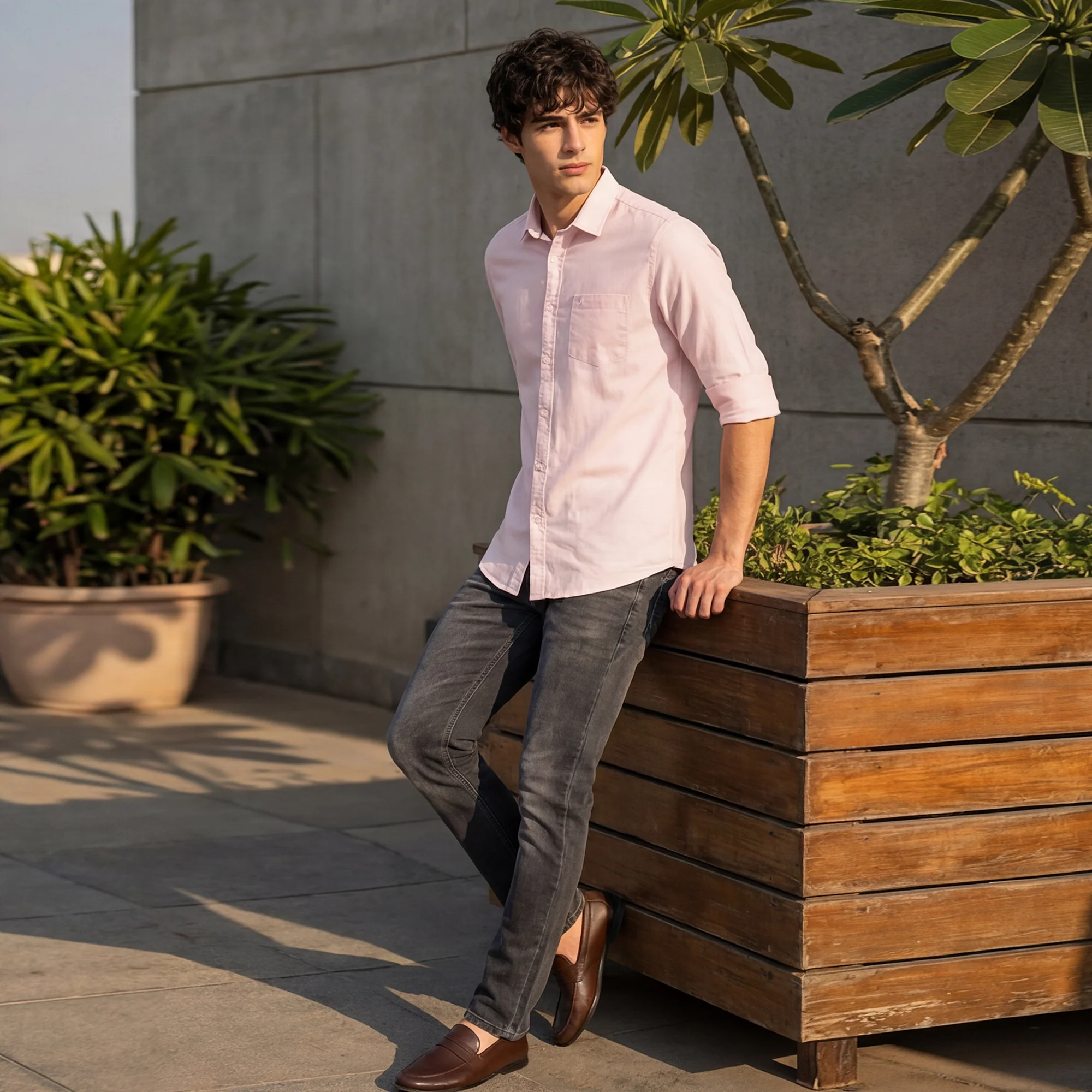 Full Sleeves Slim Fit Peach Solid Oxford Shirt