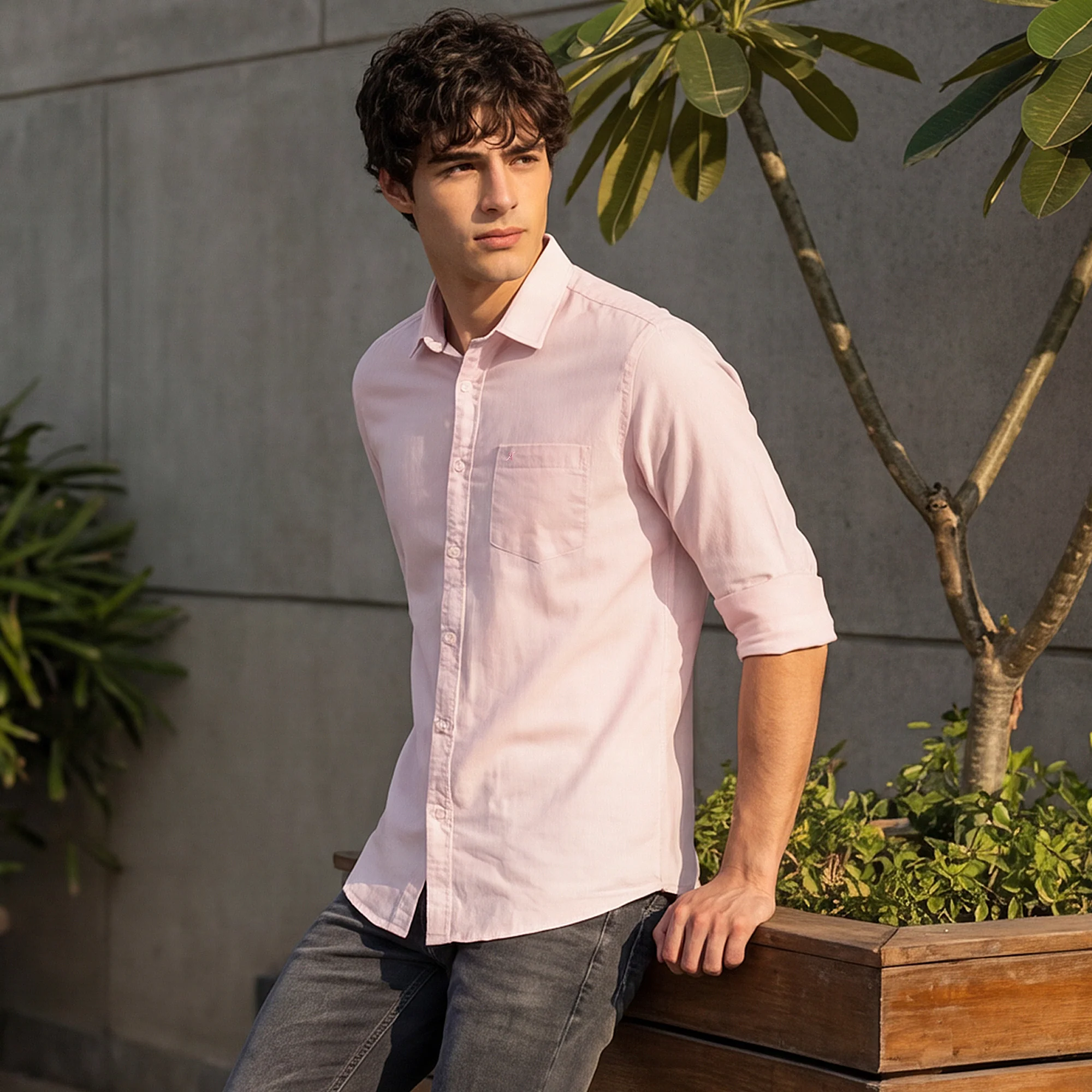 Full Sleeves Slim Fit Peach Solid Oxford Shirt - Image 2