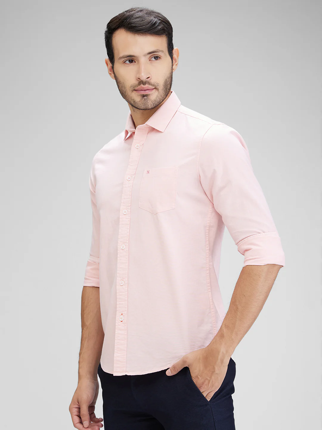 Full Sleeves Slim Fit Peach Solid Oxford Shirt - Image 6