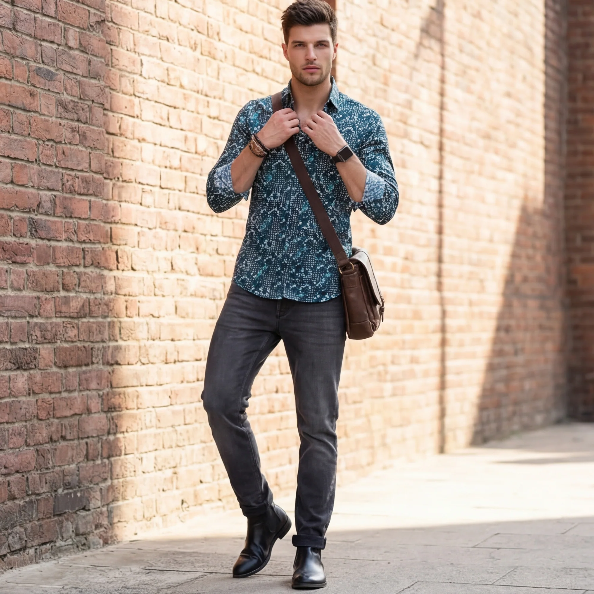 Full sleeves Slim Fit Peacock Blue All-Over Houndstooth Floral Print Shirt