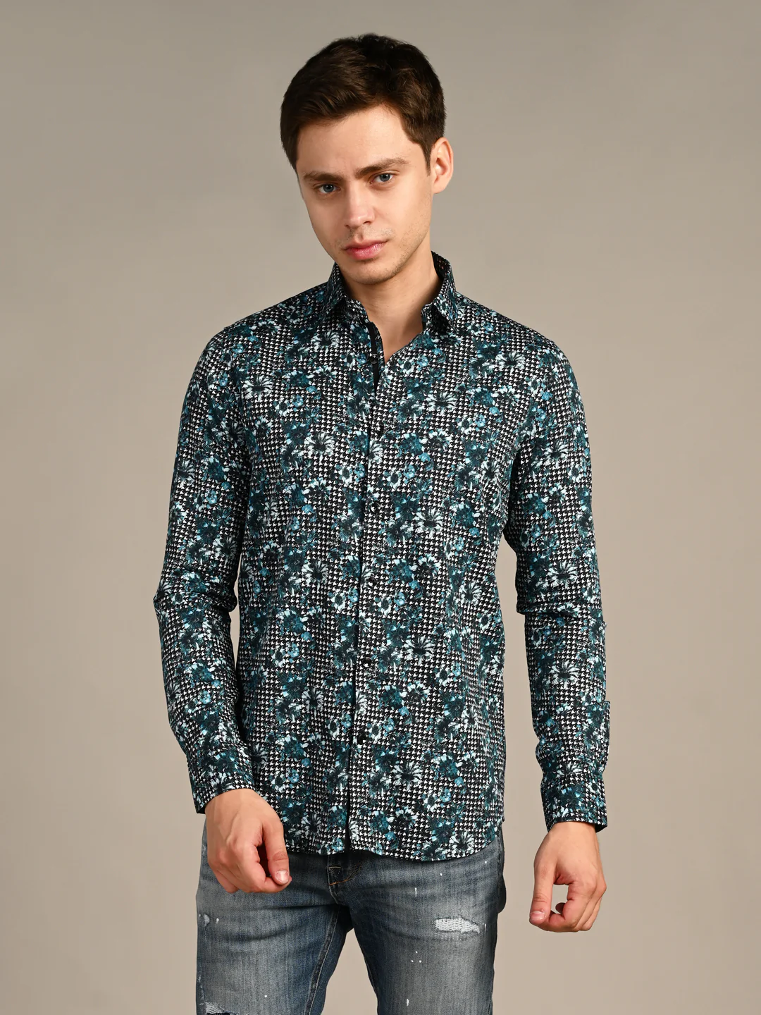 Full sleeves Slim Fit Peacock Blue All-Over Houndstooth Floral Print Shirt - Image 4