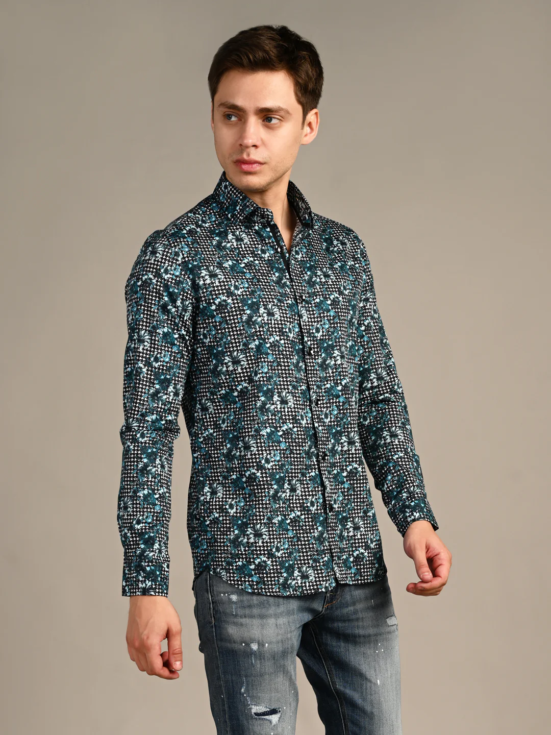 Full sleeves Slim Fit Peacock Blue All-Over Houndstooth Floral Print Shirt - Image 5