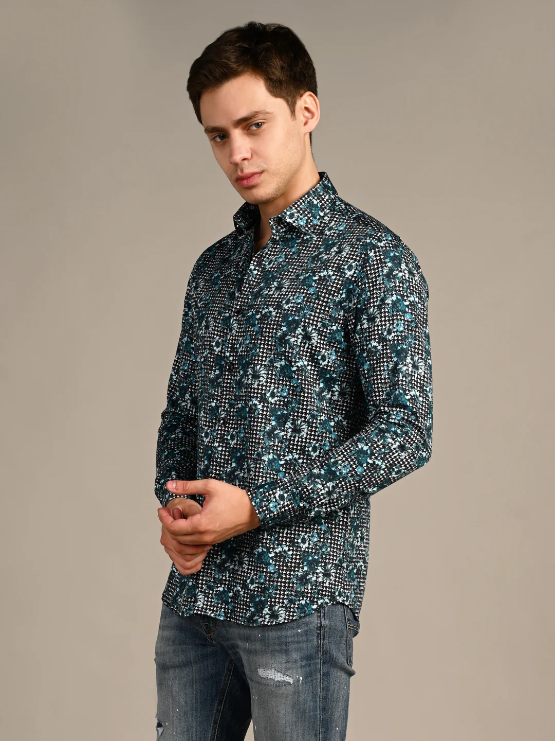 Full sleeves Slim Fit Peacock Blue All-Over Houndstooth Floral Print Shirt - Image 6