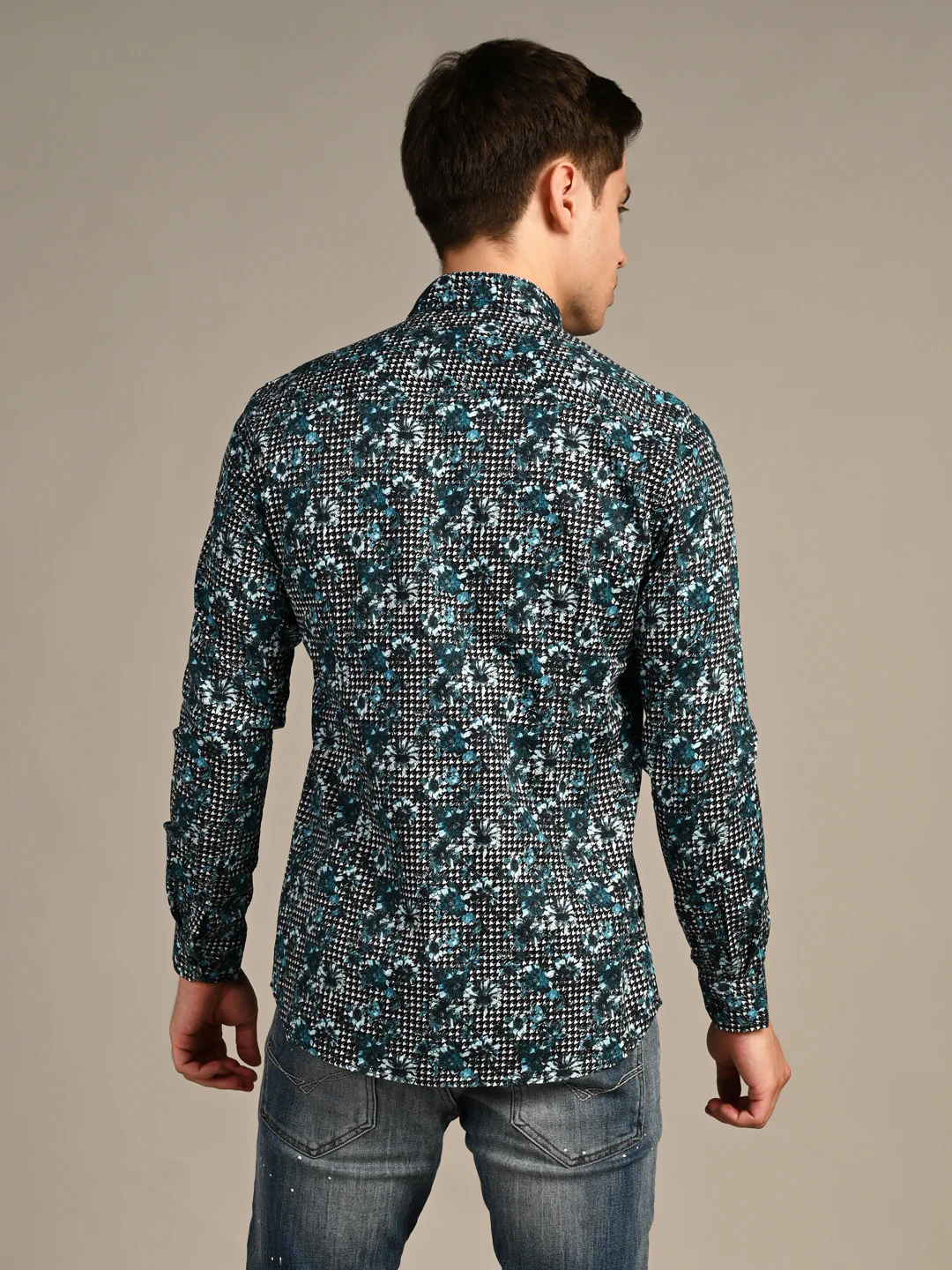 Full sleeves Slim Fit Peacock Blue All-Over Houndstooth Floral Print Shirt - Image 7