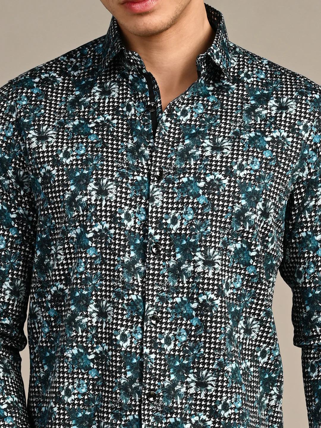 Full sleeves Slim Fit Peacock Blue All-Over Houndstooth Floral Print Shirt - Image 8