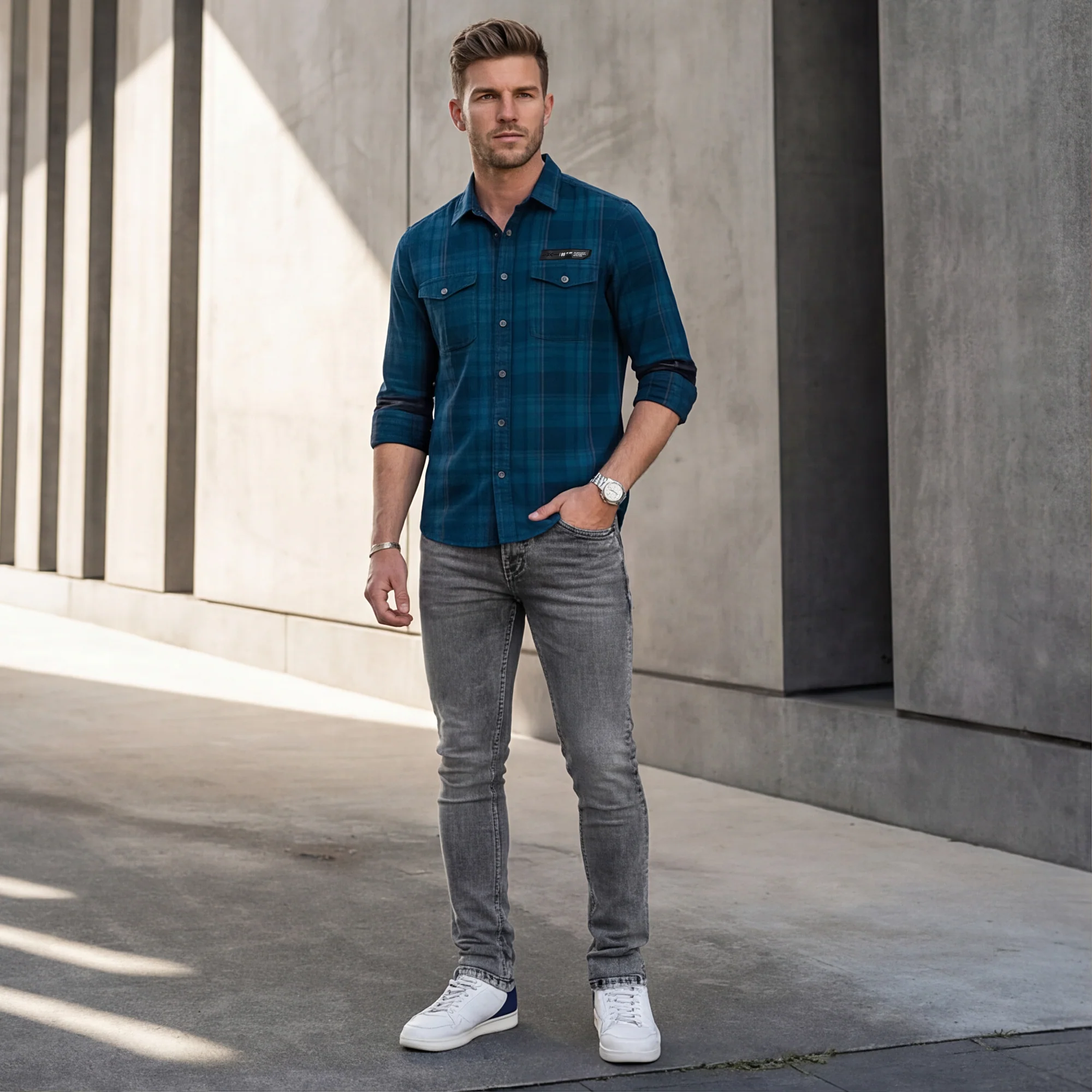 Full Sleeves Slim Fit Petrol Blue Brushing Cord Double Pocket Checks Shirt