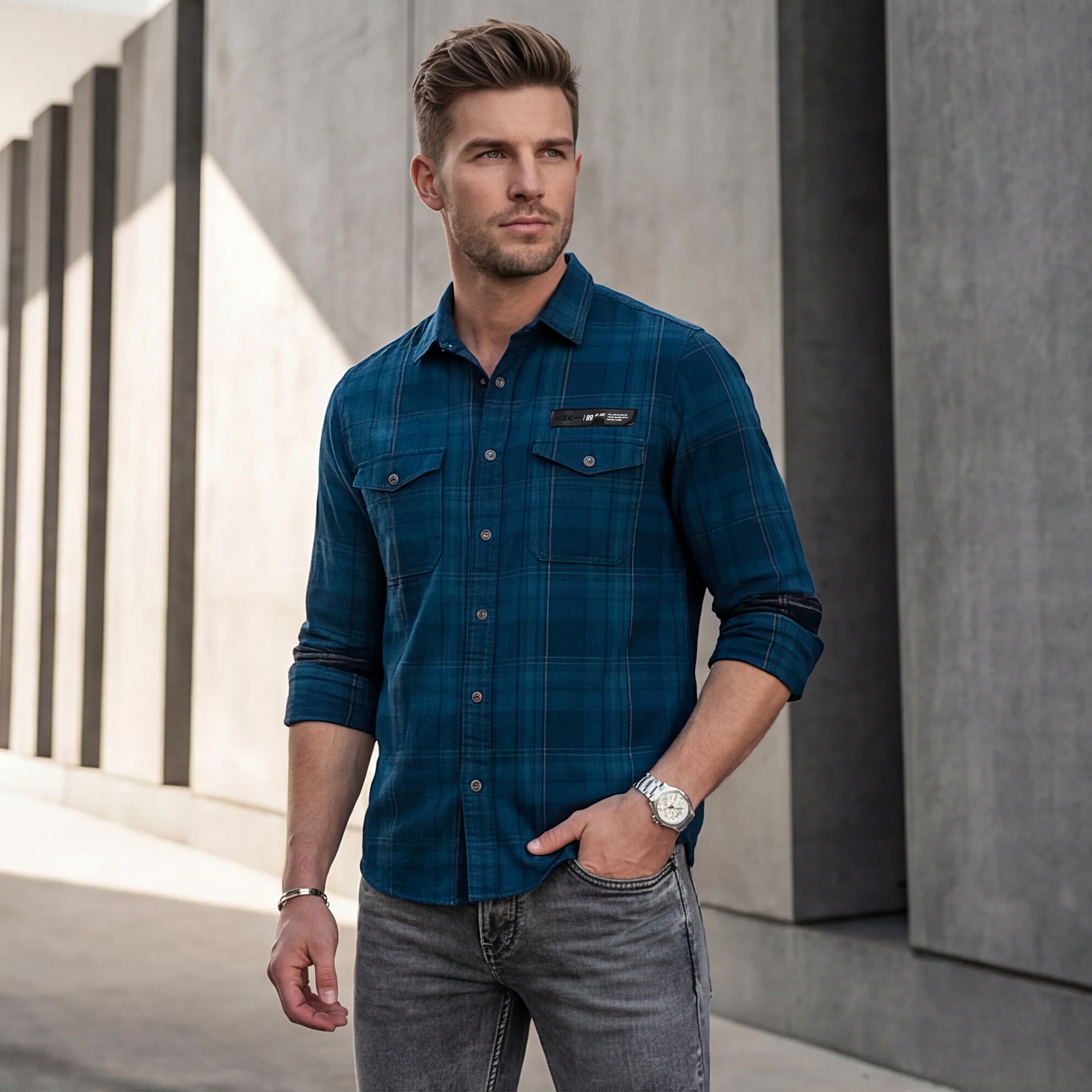 Full Sleeves Slim Fit Petrol Blue Brushing Cord Double Pocket Checks Shirt - Image 2