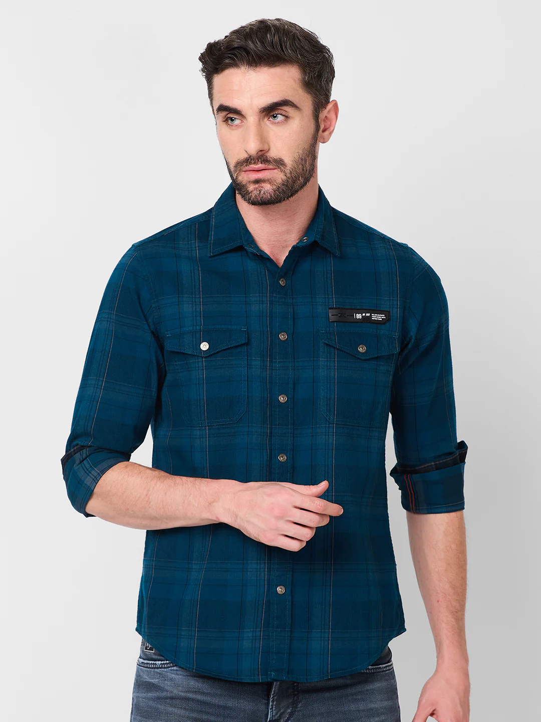 Full Sleeves Slim Fit Petrol Blue Brushing Cord Double Pocket Checks Shirt - Image 3