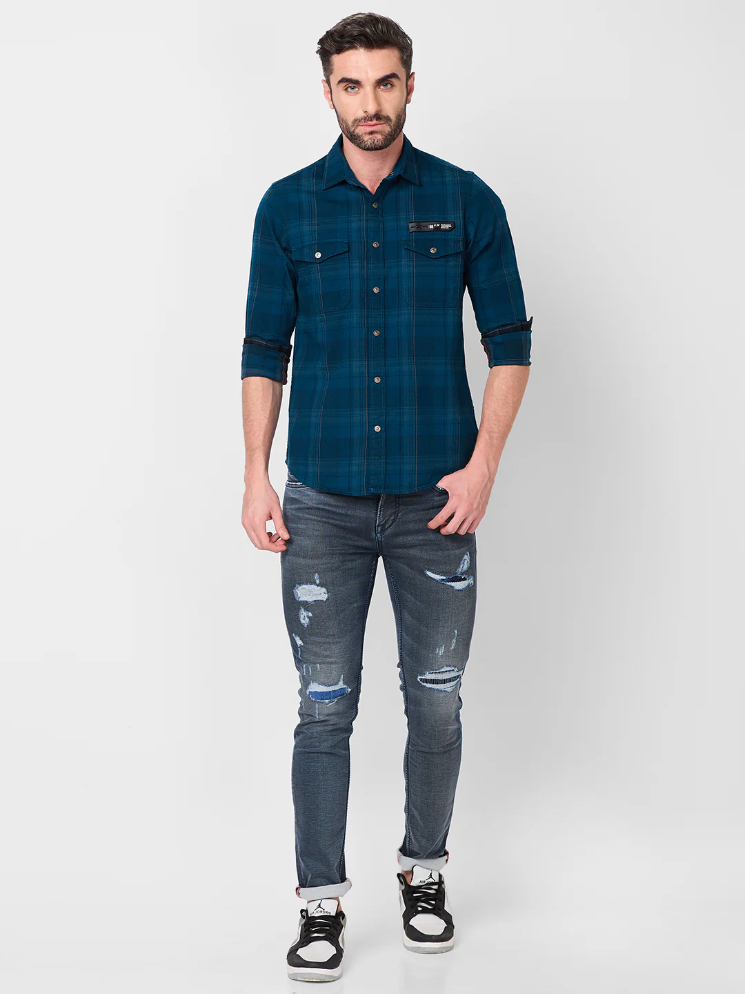 Full Sleeves Slim Fit Petrol Blue Brushing Cord Double Pocket Checks Shirt - Image 4