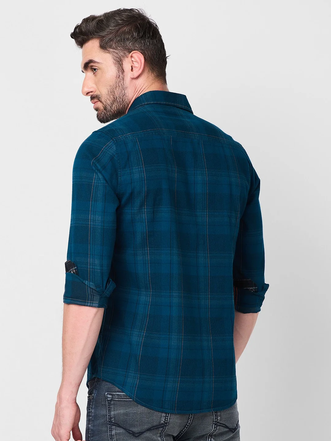 Full Sleeves Slim Fit Petrol Blue Brushing Cord Double Pocket Checks Shirt - Image 5