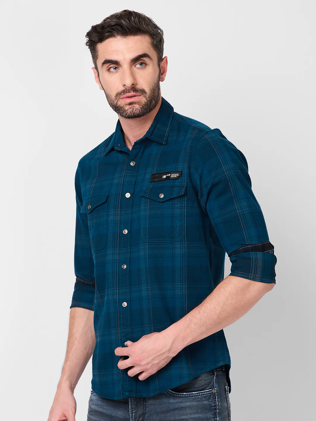 Full Sleeves Slim Fit Petrol Blue Brushing Cord Double Pocket Checks Shirt - Image 6