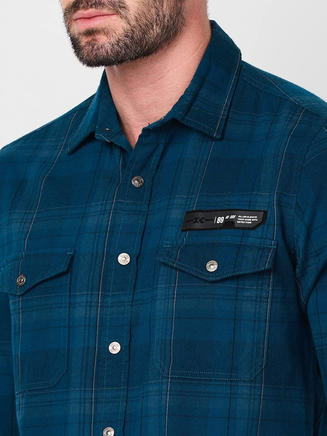 Full Sleeves Slim Fit Petrol Blue Brushing Cord Double Pocket Checks Shirt - Image 7