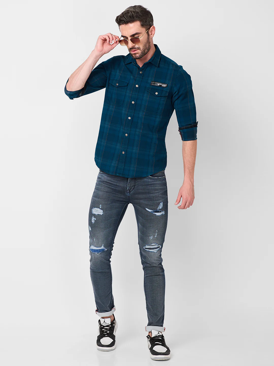 Full Sleeves Slim Fit Petrol Blue Brushing Cord Double Pocket Checks Shirt - Image 8