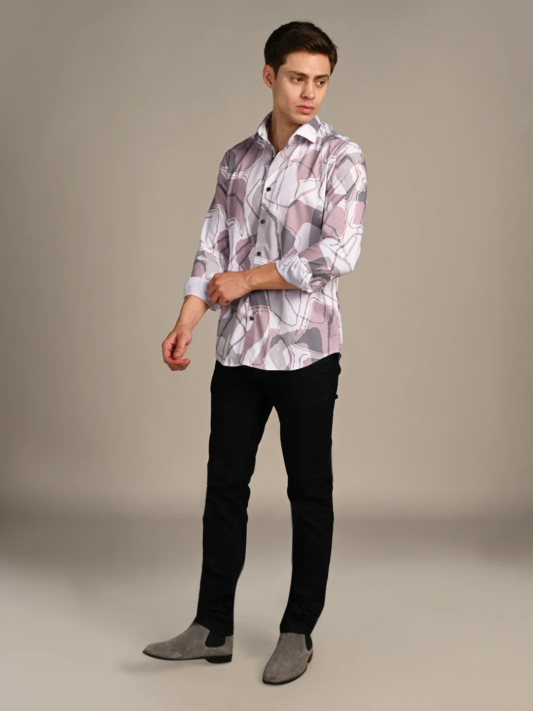 Full Sleeves Slim Fit Dull Pink All-Over Big Abstract Print Shirt - Image 3