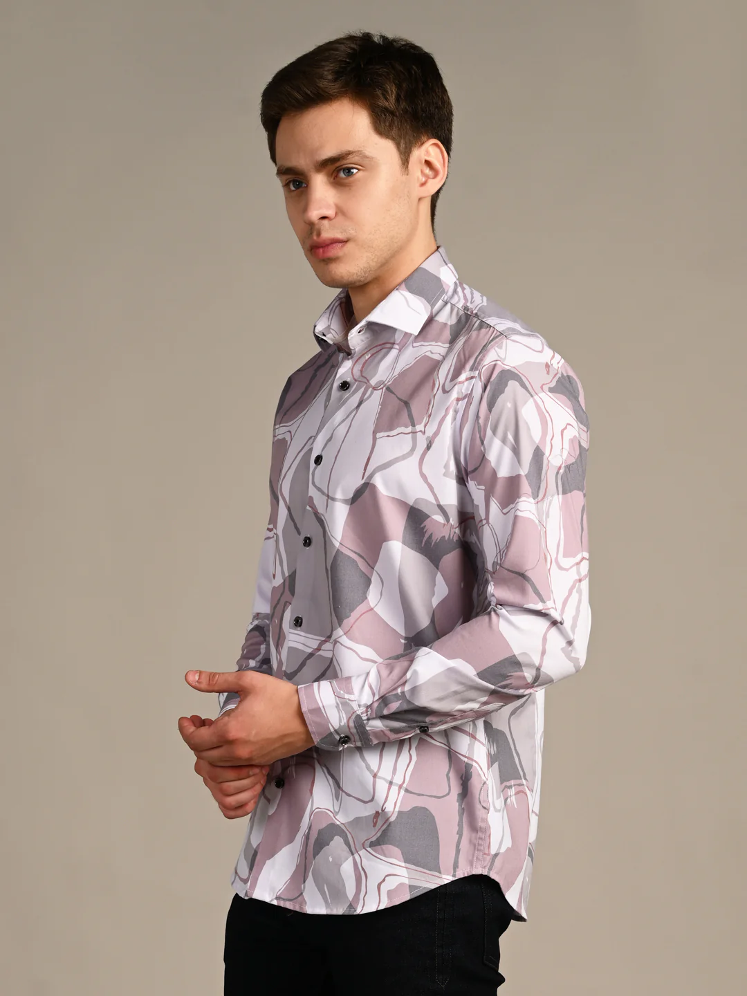 Full Sleeves Slim Fit Dull Pink All-Over Big Abstract Print Shirt - Image 5
