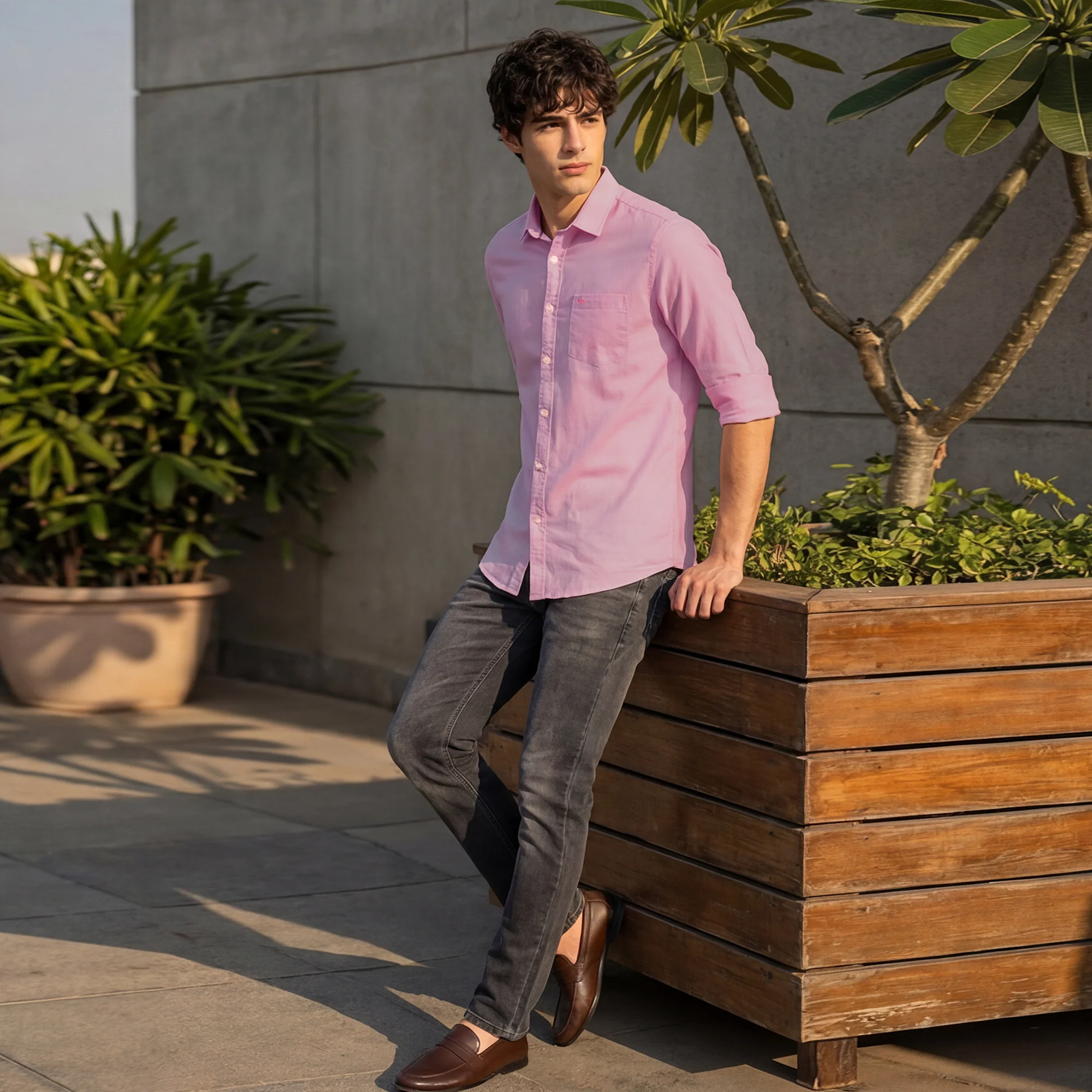 Full Sleeves Slim Fit Pink Solid Oxford Shirt