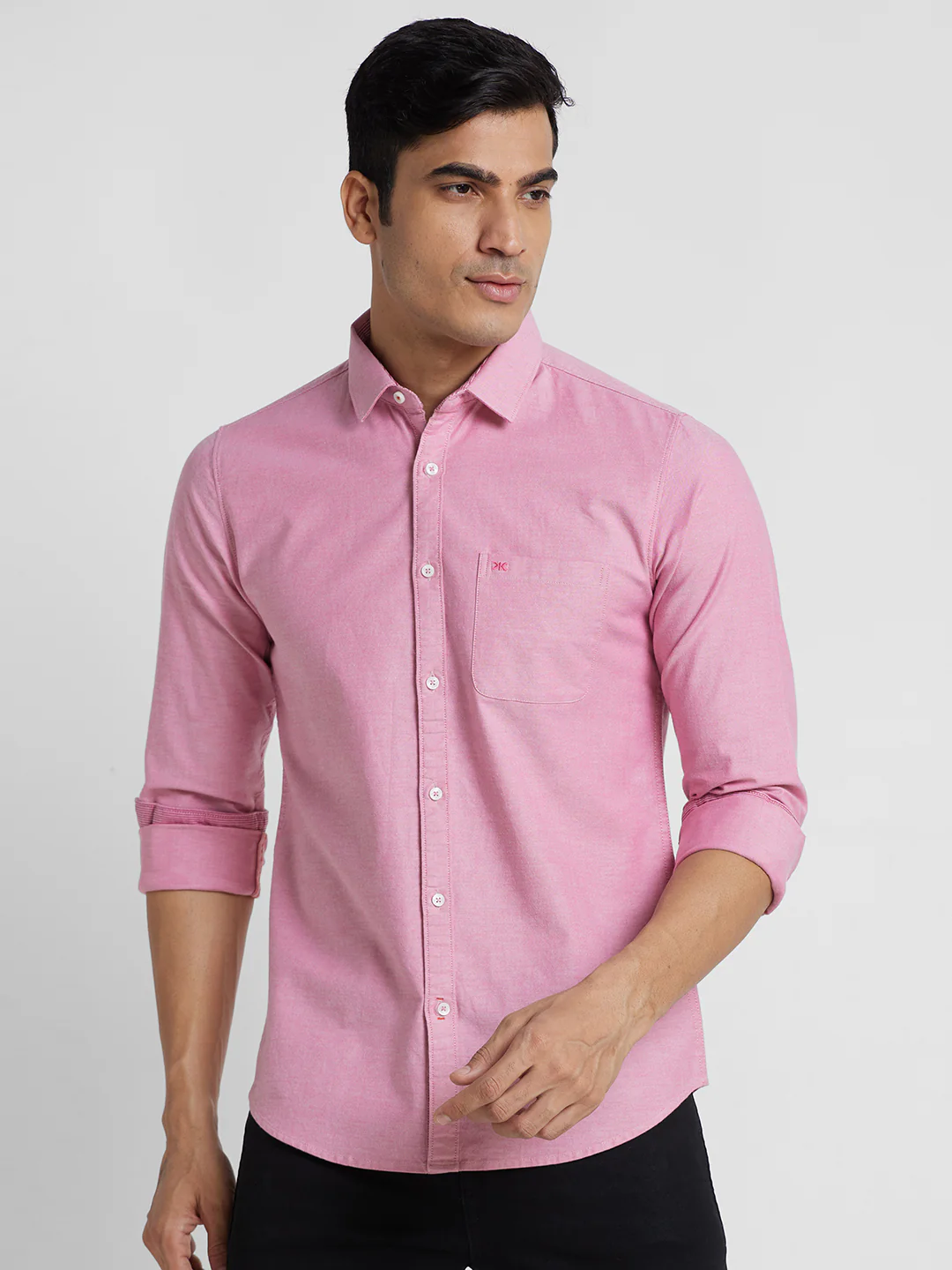 Full Sleeves Slim Fit Pink Solid Oxford Shirt - Image 3