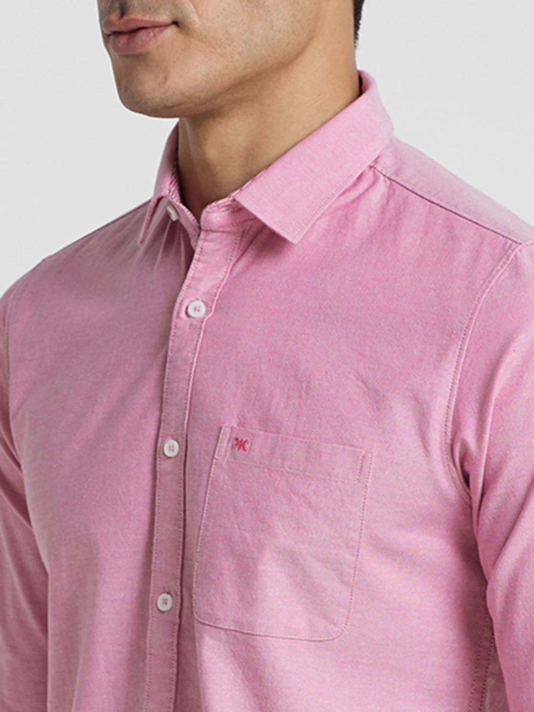 Full Sleeves Slim Fit Pink Solid Oxford Shirt - Image 6