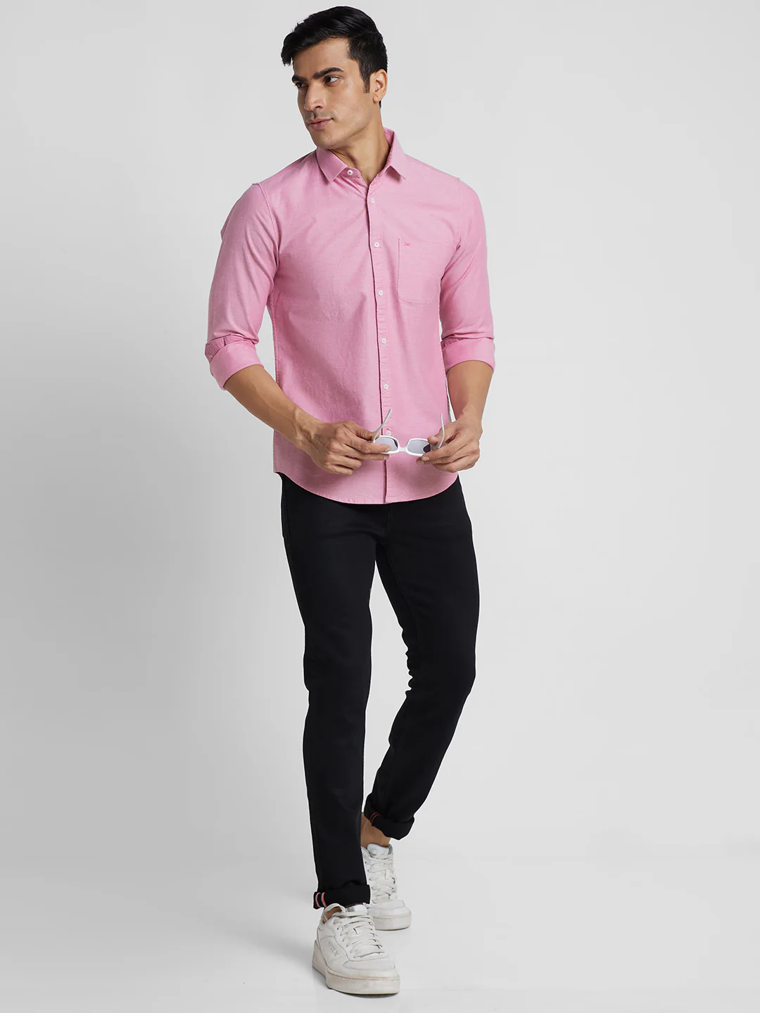 Full Sleeves Slim Fit Pink Solid Oxford Shirt - Image 7