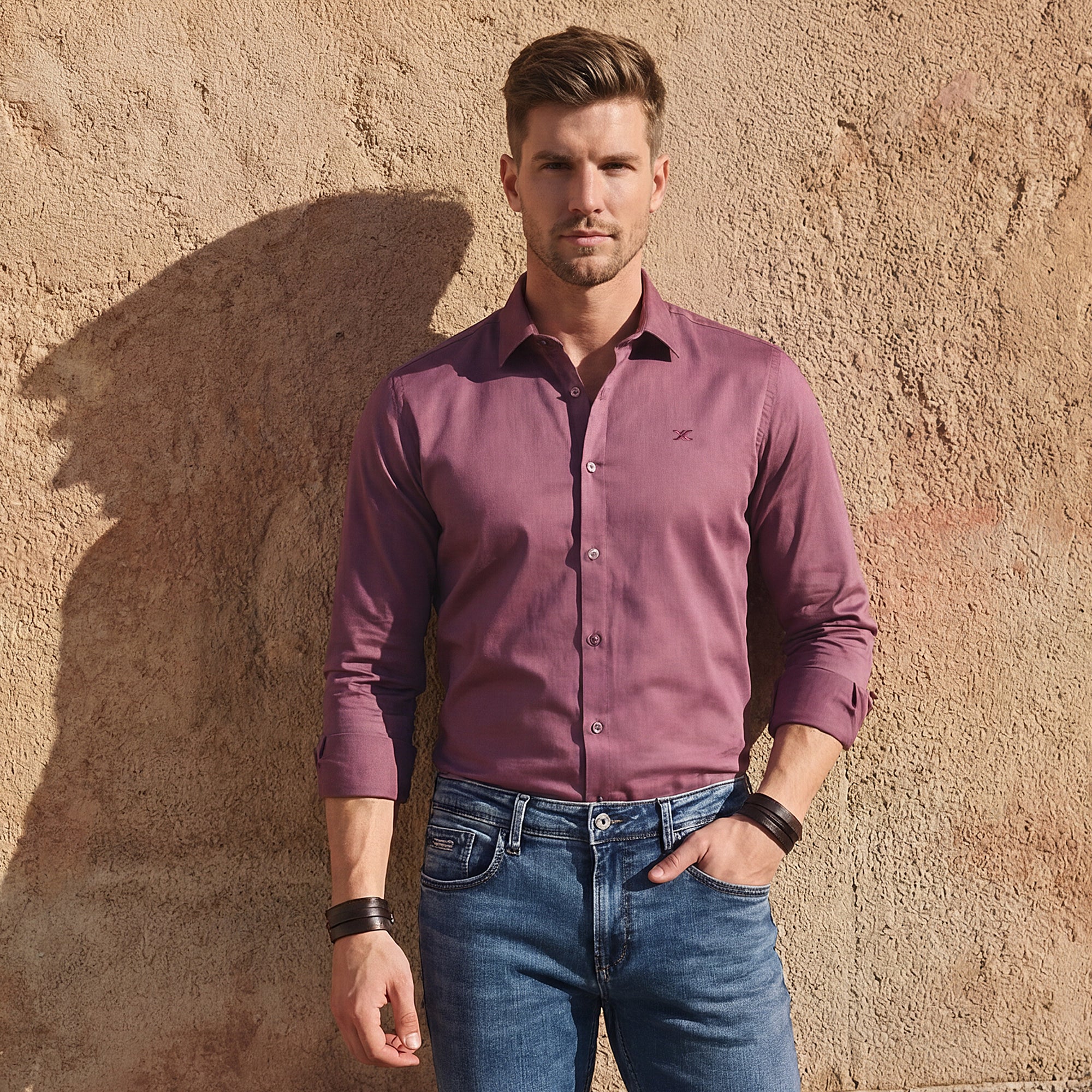 Full sleeves Slim Fit Onion Pink Premium Satin Solid Shirt - Image 2