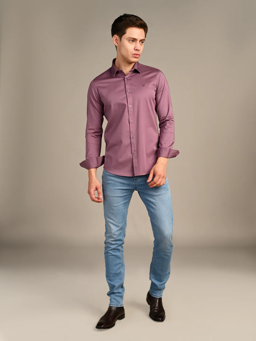 Full sleeves Slim Fit Onion Pink Premium Satin Solid Shirt - Image 3