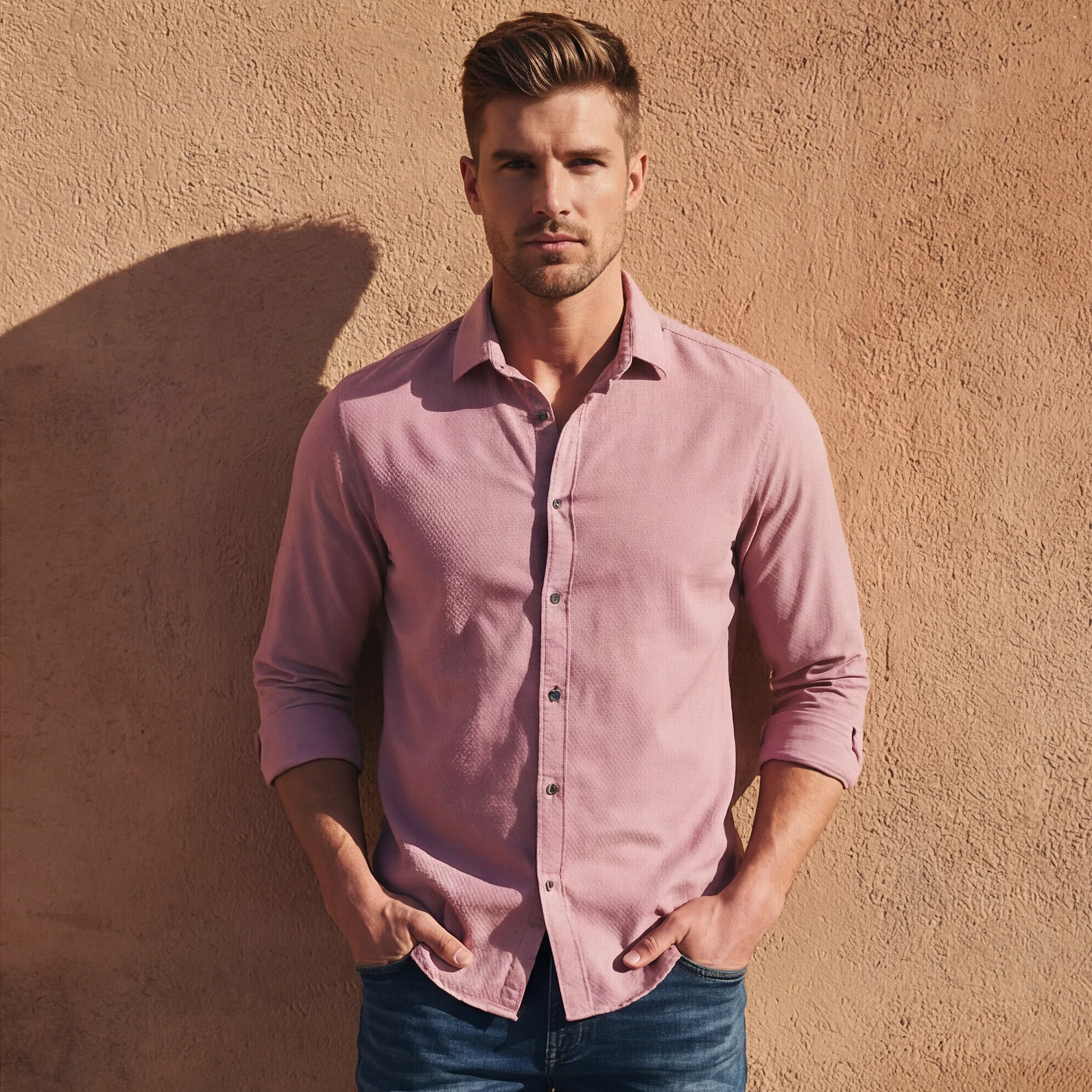 Full sleeves Slim Fit Dusty Pink HoneyComb Tructur Dobby Solid Shirt - Image 2
