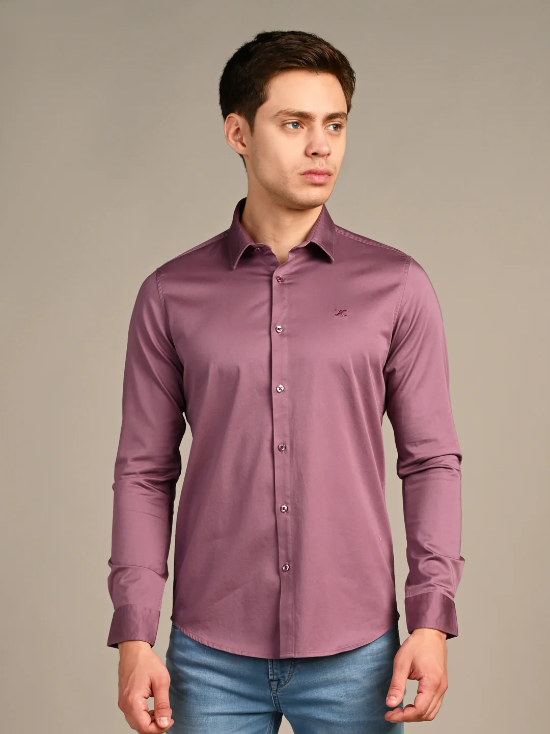 Full sleeves Slim Fit Onion Pink Premium Satin Solid Shirt - Image 4