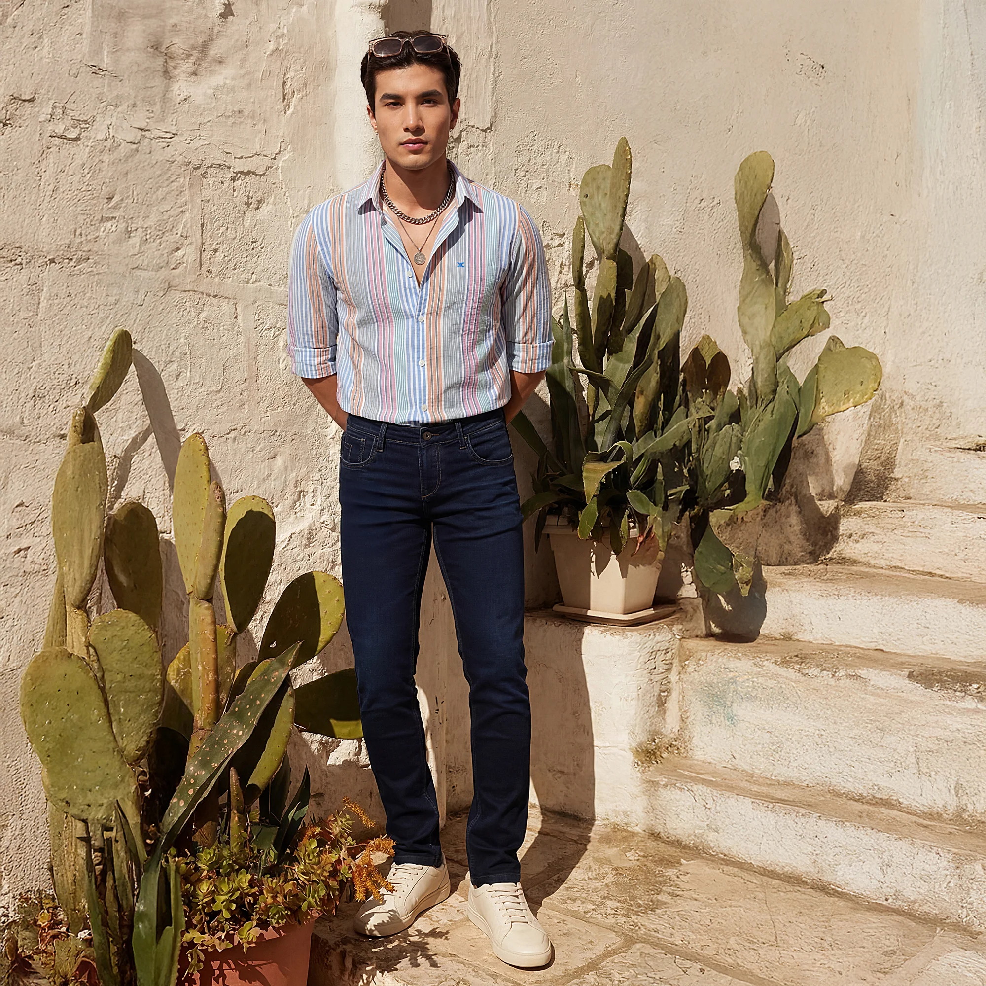 Full sleeves Slim Fit Pink Multi Striper Oxford Shirt