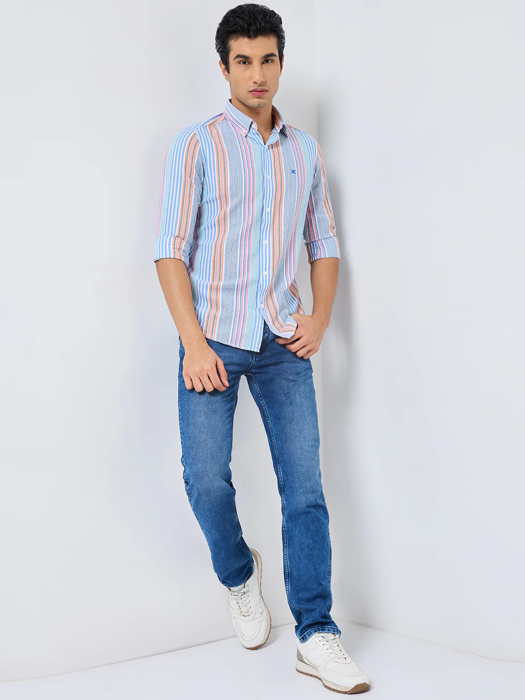 Full sleeves Slim Fit Pink Multi Striper Oxford Shirt - Image 4