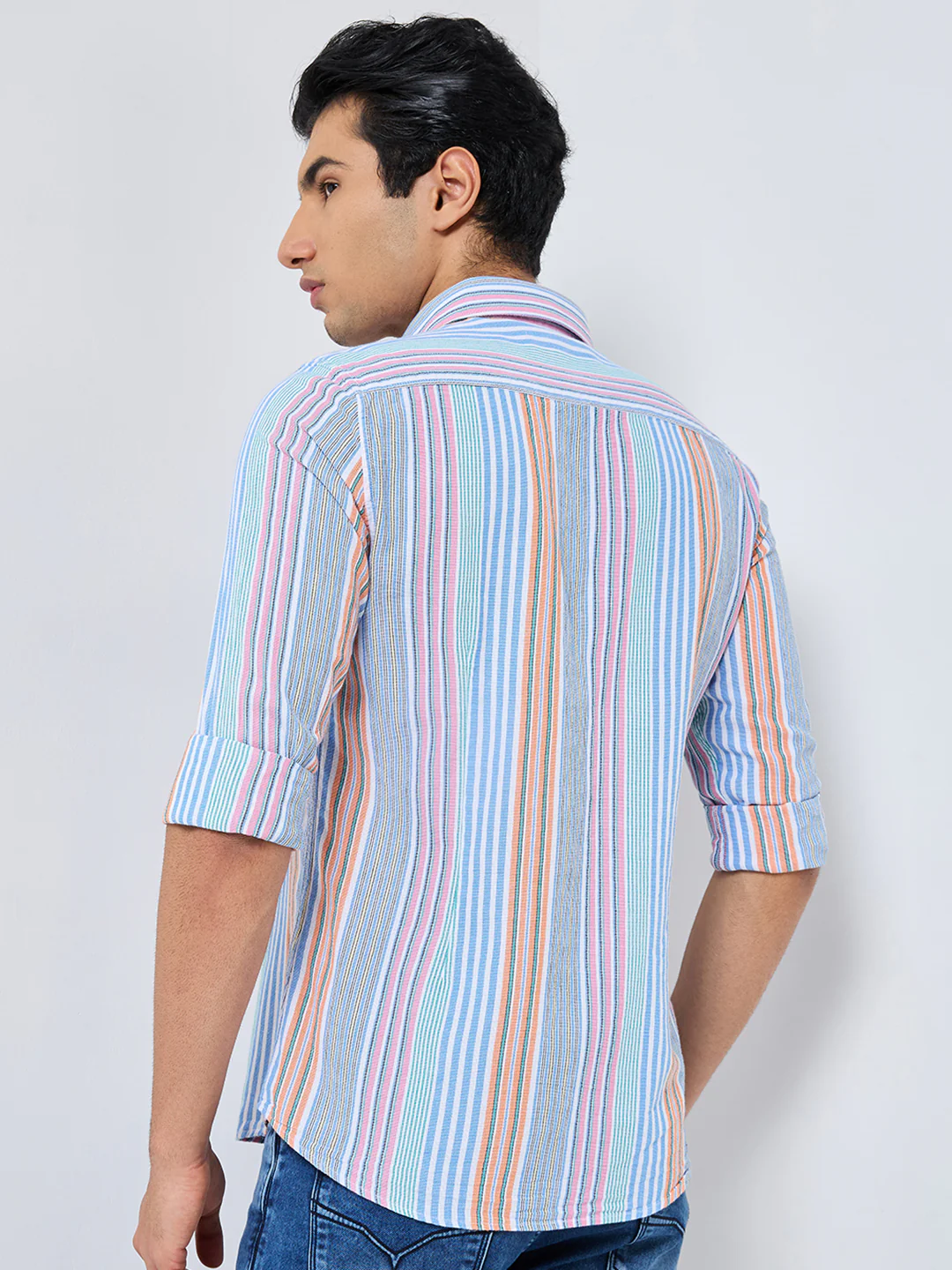 Full sleeves Slim Fit Pink Multi Striper Oxford Shirt - Image 5