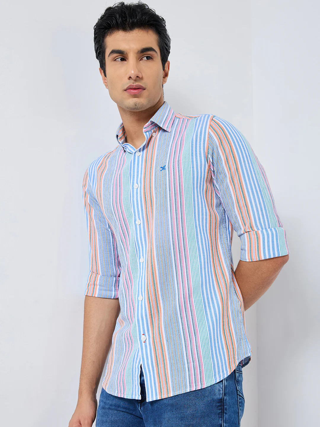 Full sleeves Slim Fit Pink Multi Striper Oxford Shirt - Image 6