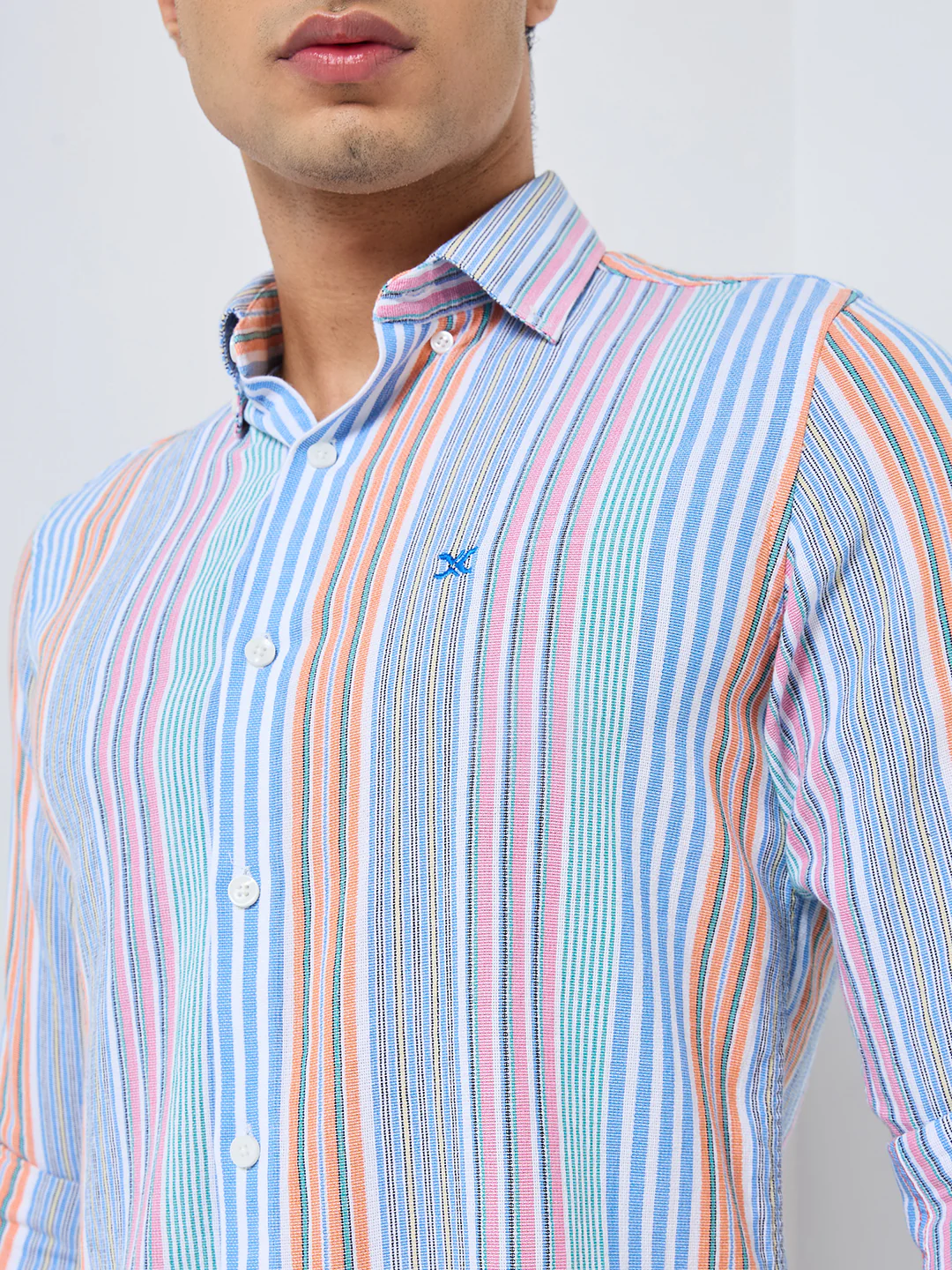 Full sleeves Slim Fit Pink Multi Striper Oxford Shirt - Image 7