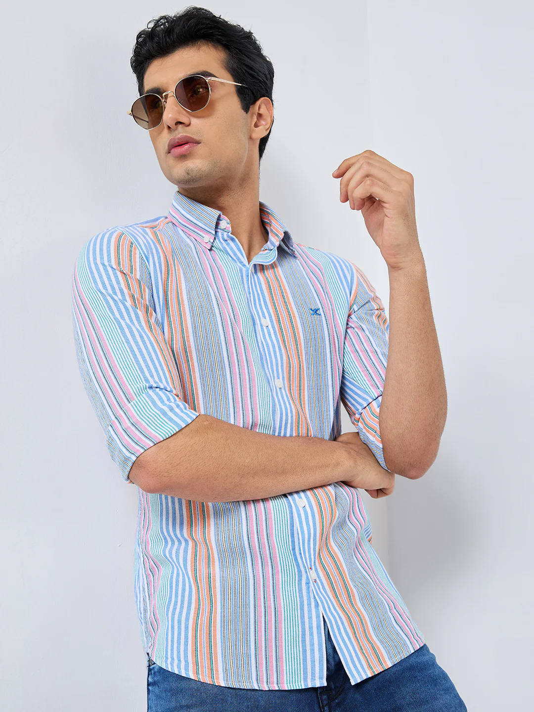 Full sleeves Slim Fit Pink Multi Striper Oxford Shirt - Image 8