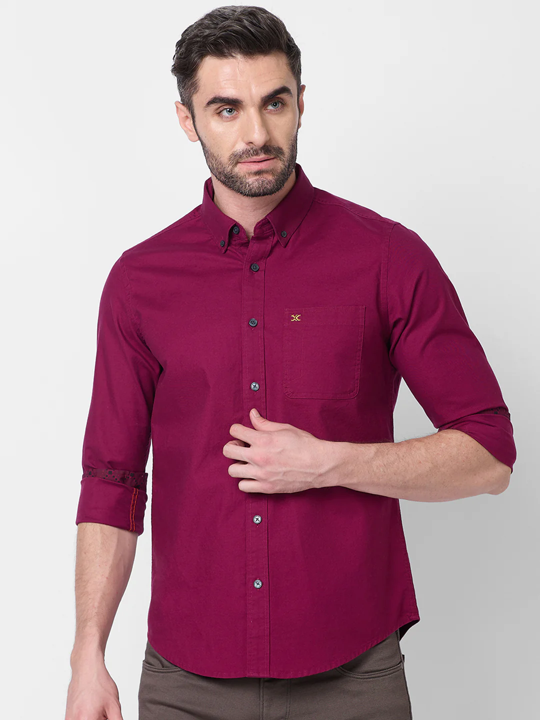 Full Sleeves Slim Fit Plum Button-Down Oxford Solid Shirt - Image 3
