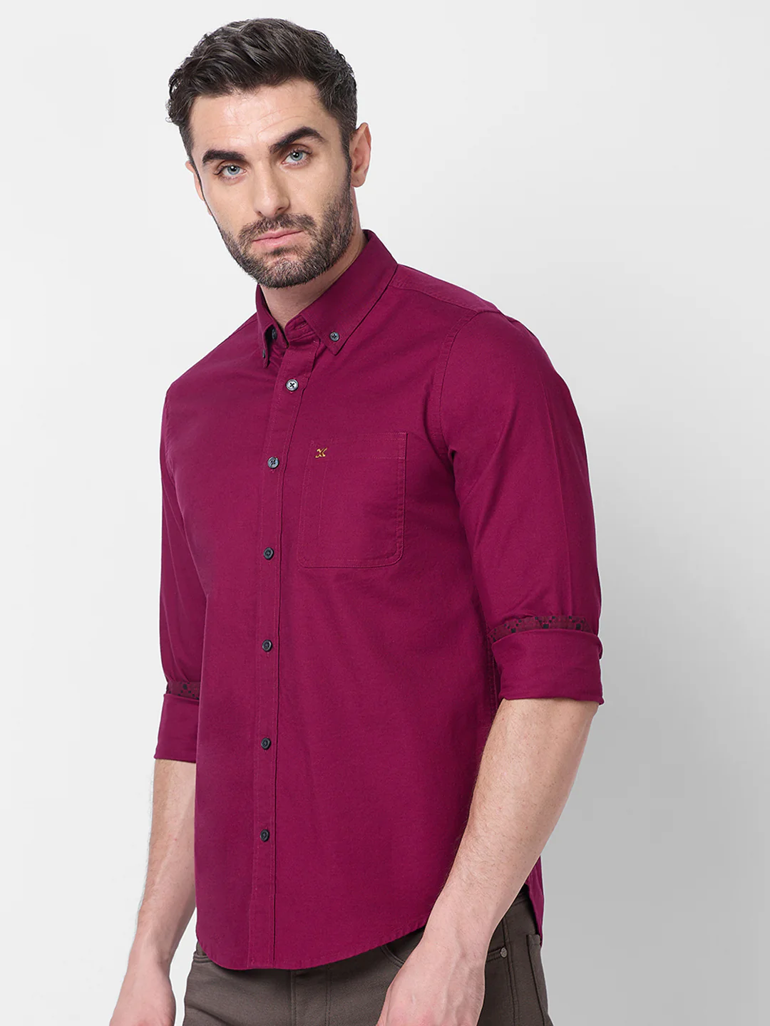Full Sleeves Slim Fit Plum Button-Down Oxford Solid Shirt - Image 6