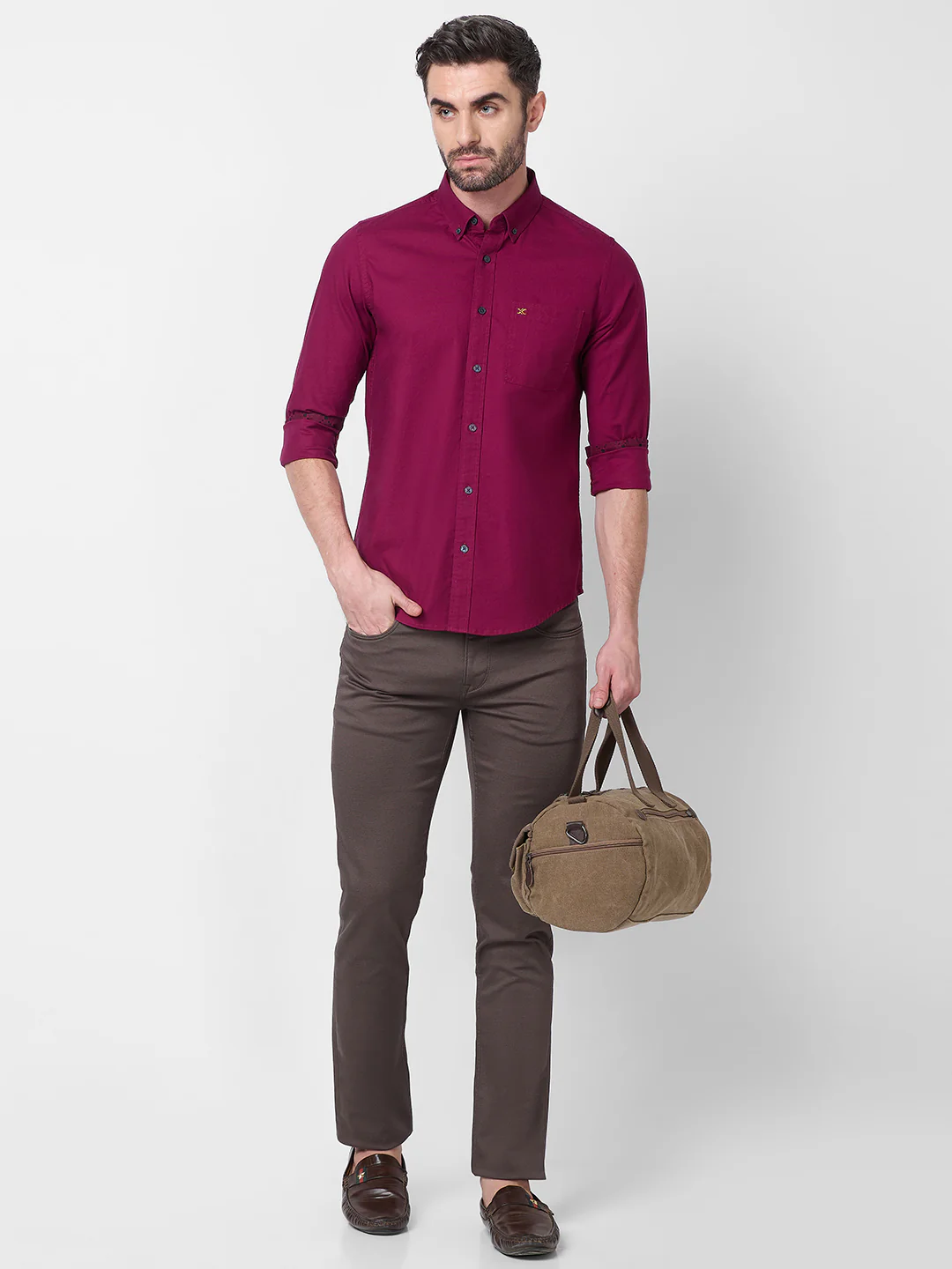 Full Sleeves Slim Fit Plum Button-Down Oxford Solid Shirt - Image 8