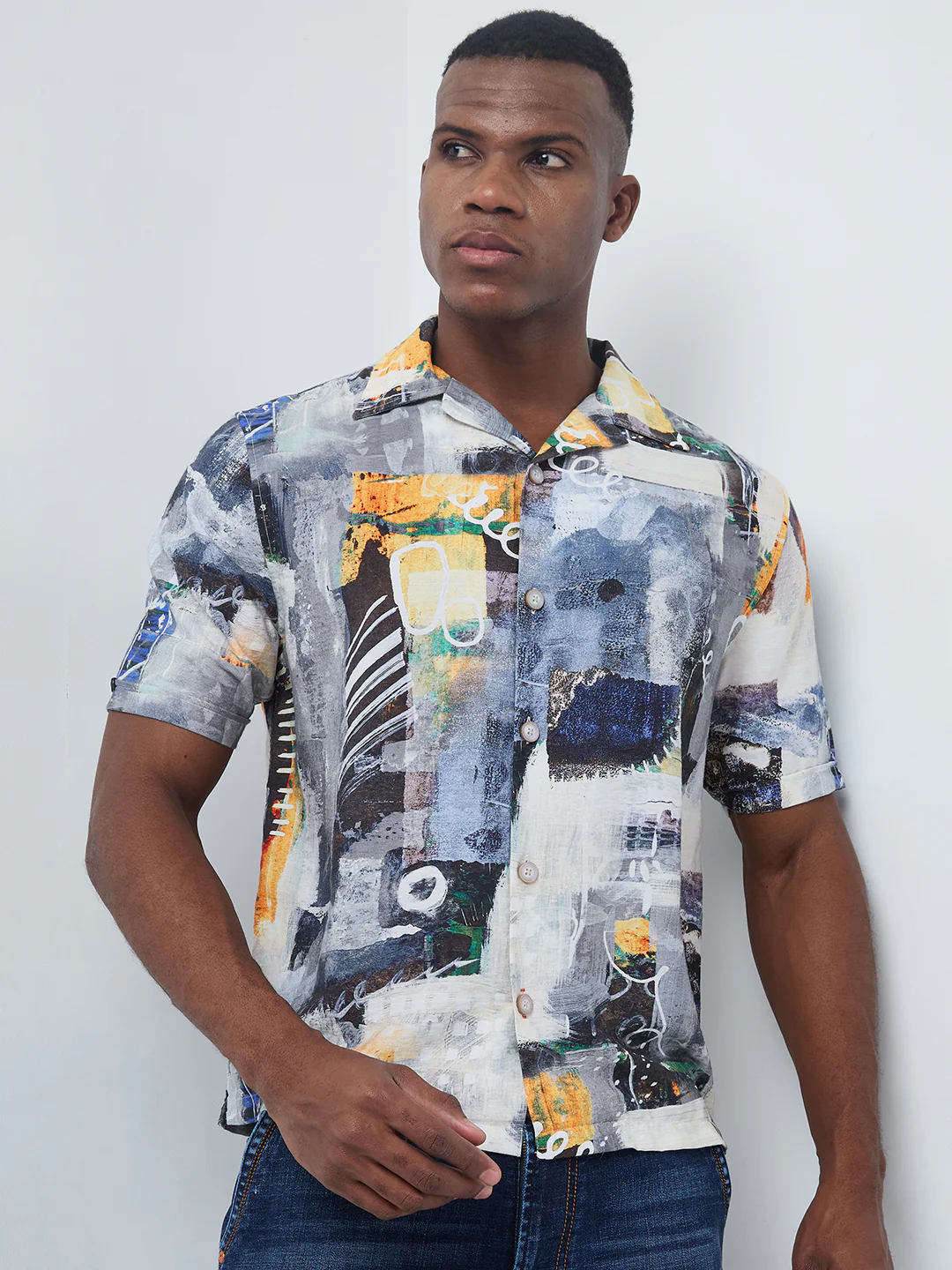 Half Sleeves Regular Fit Grey Bold contemporary abstract collage Cuban Collar Print Shirt - Image 3