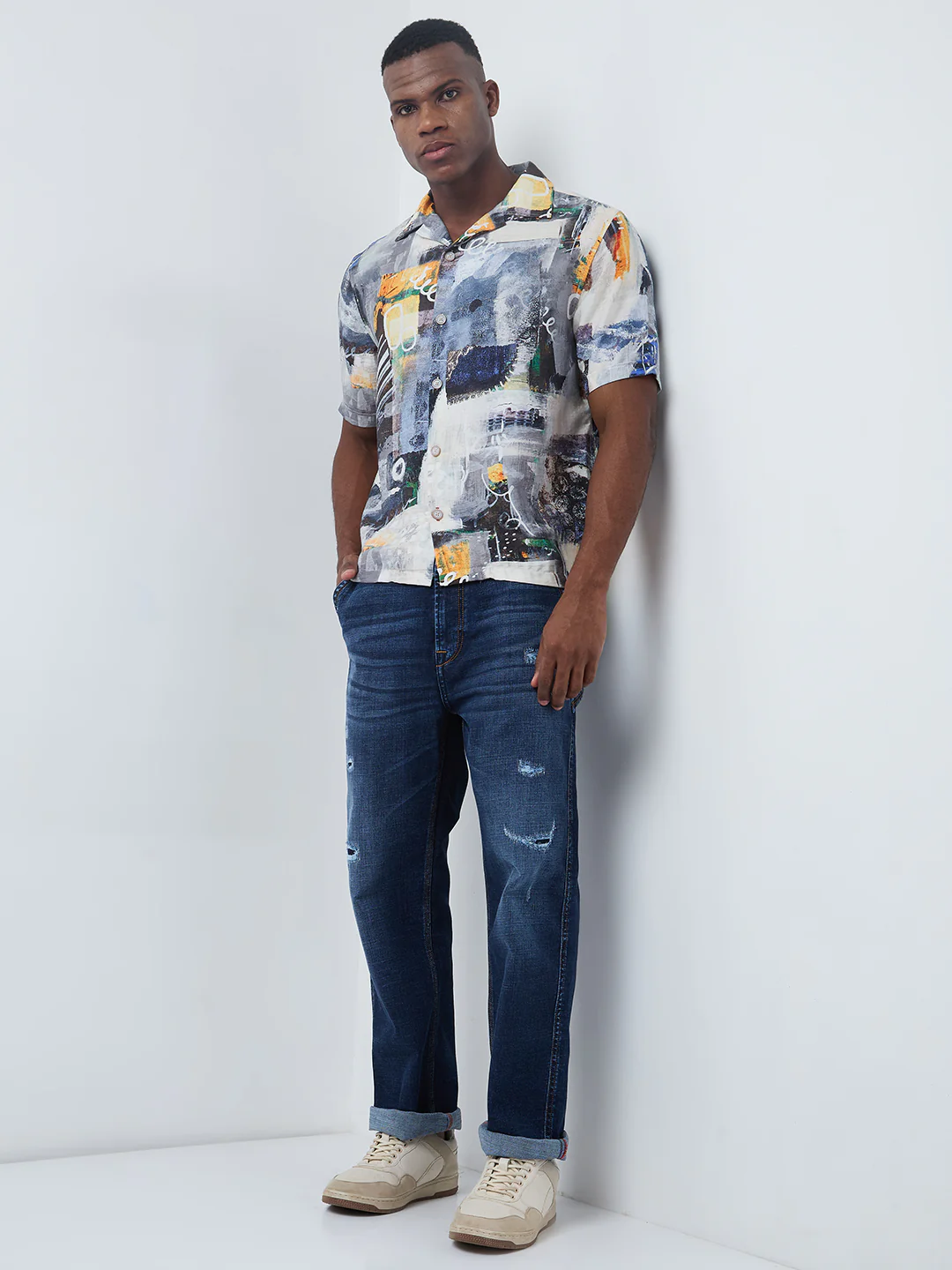 Half Sleeves Regular Fit Grey Bold contemporary abstract collage Cuban Collar Print Shirt - Image 4
