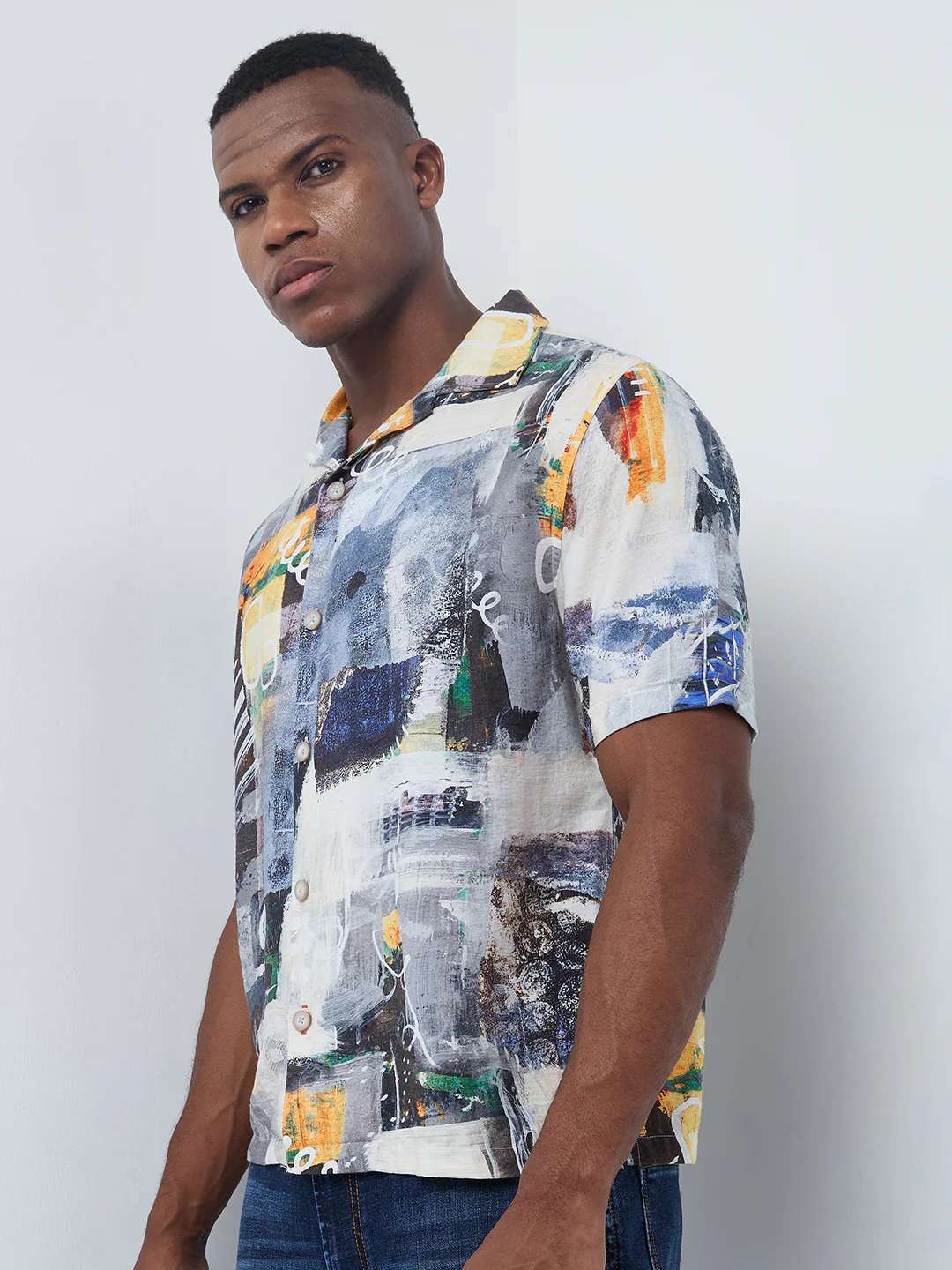 Half Sleeves Regular Fit Grey Bold contemporary abstract collage Cuban Collar Print Shirt - Image 6