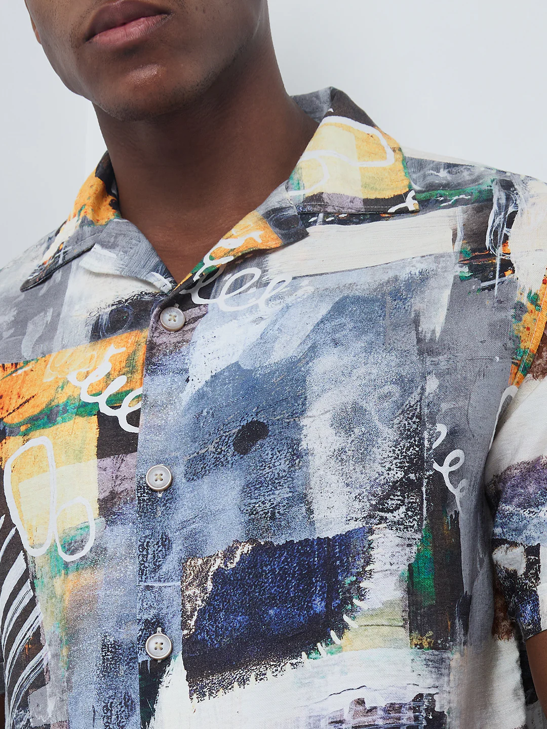 Half Sleeves Regular Fit Grey Bold contemporary abstract collage Cuban Collar Print Shirt - Image 7