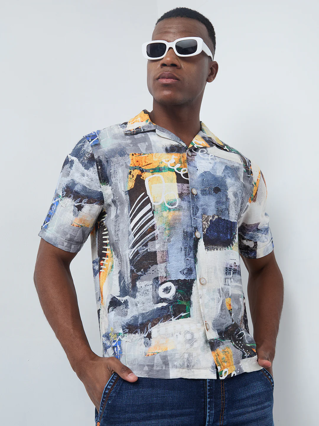 Half Sleeves Regular Fit Grey Bold contemporary abstract collage Cuban Collar Print Shirt - Image 8