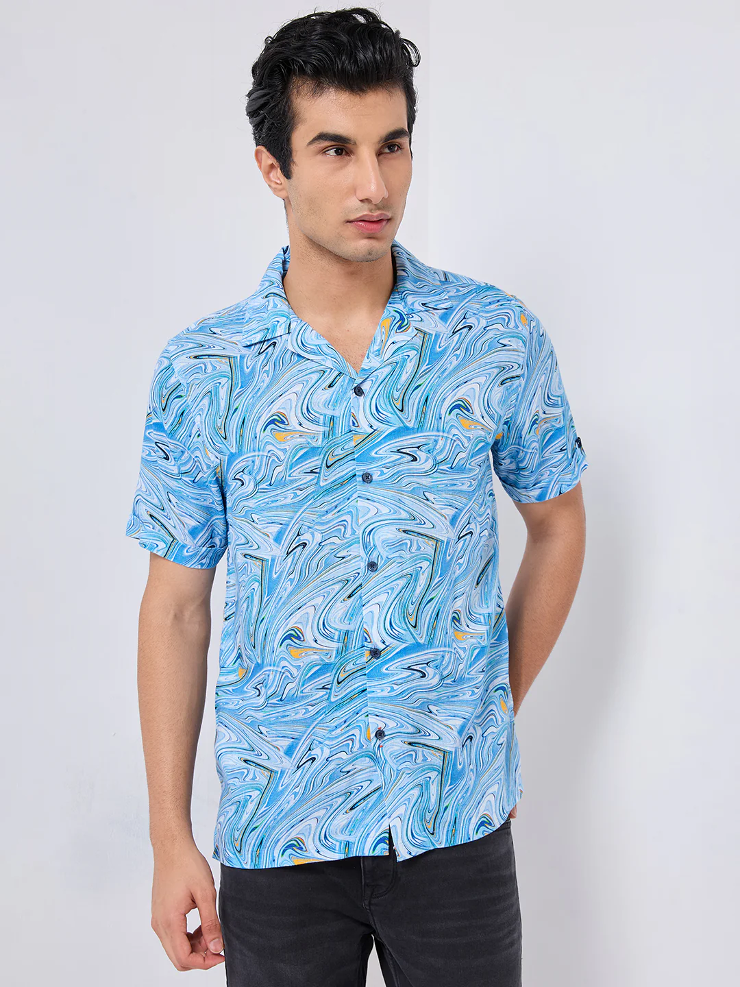 Half Sleeves Regular Fit Aqua Blue Liquid Art Cuban Collar Print Shirt - Image 3
