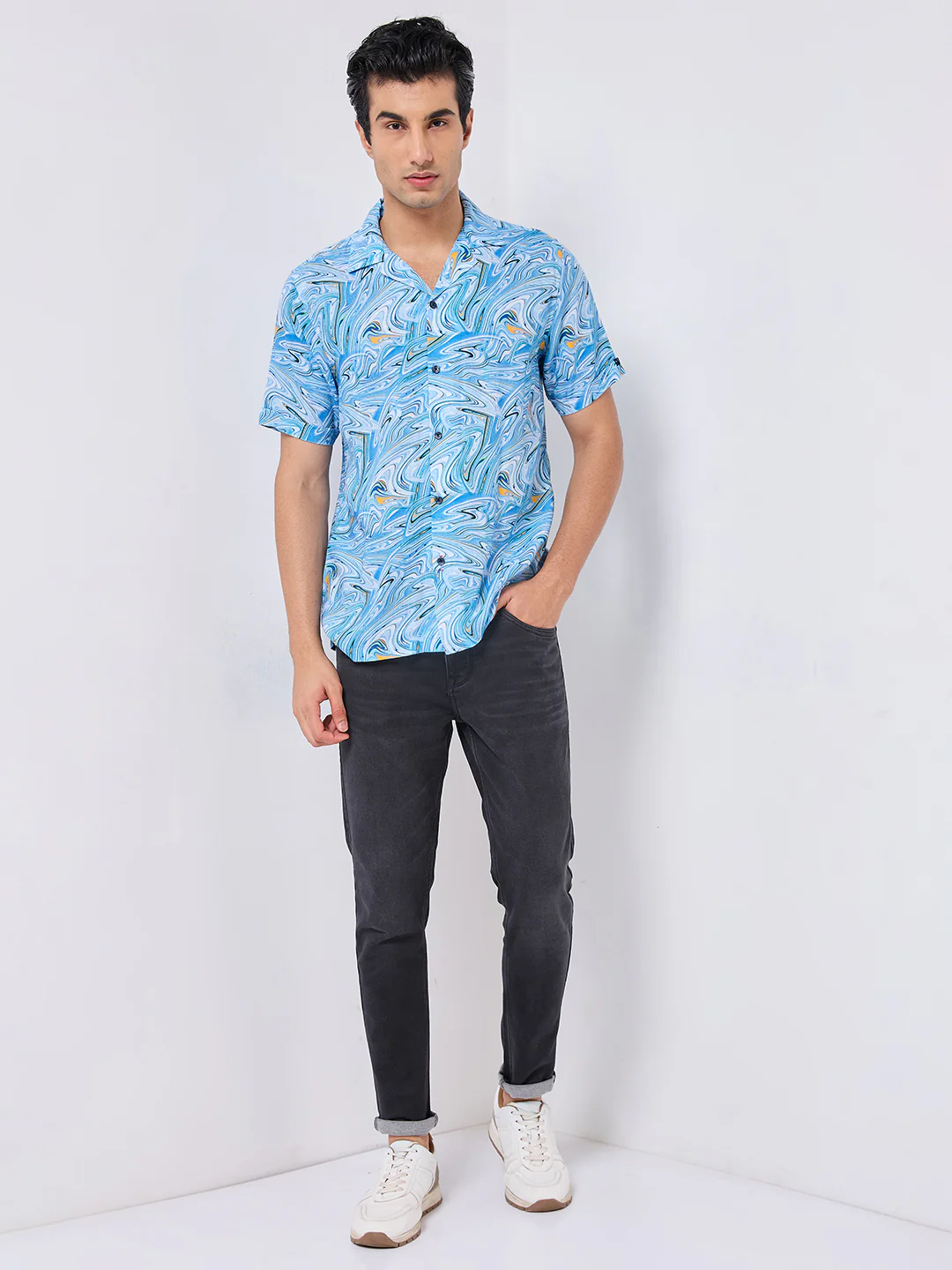 Half Sleeves Regular Fit Aqua Blue Liquid Art Cuban Collar Print Shirt - Image 4
