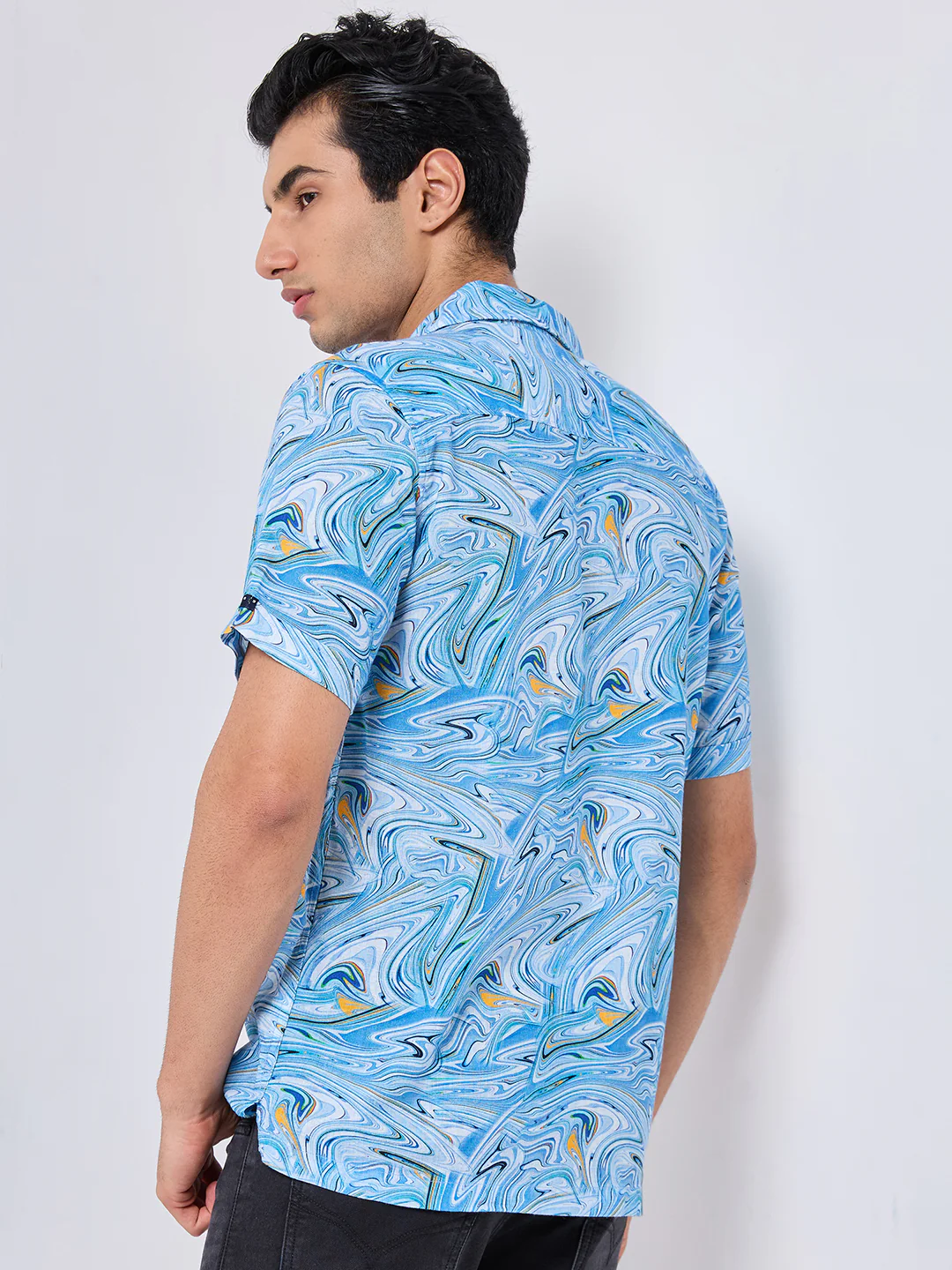 Half Sleeves Regular Fit Aqua Blue Liquid Art Cuban Collar Print Shirt - Image 5