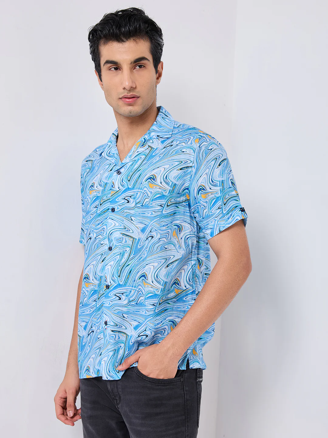 Half Sleeves Regular Fit Aqua Blue Liquid Art Cuban Collar Print Shirt - Image 6