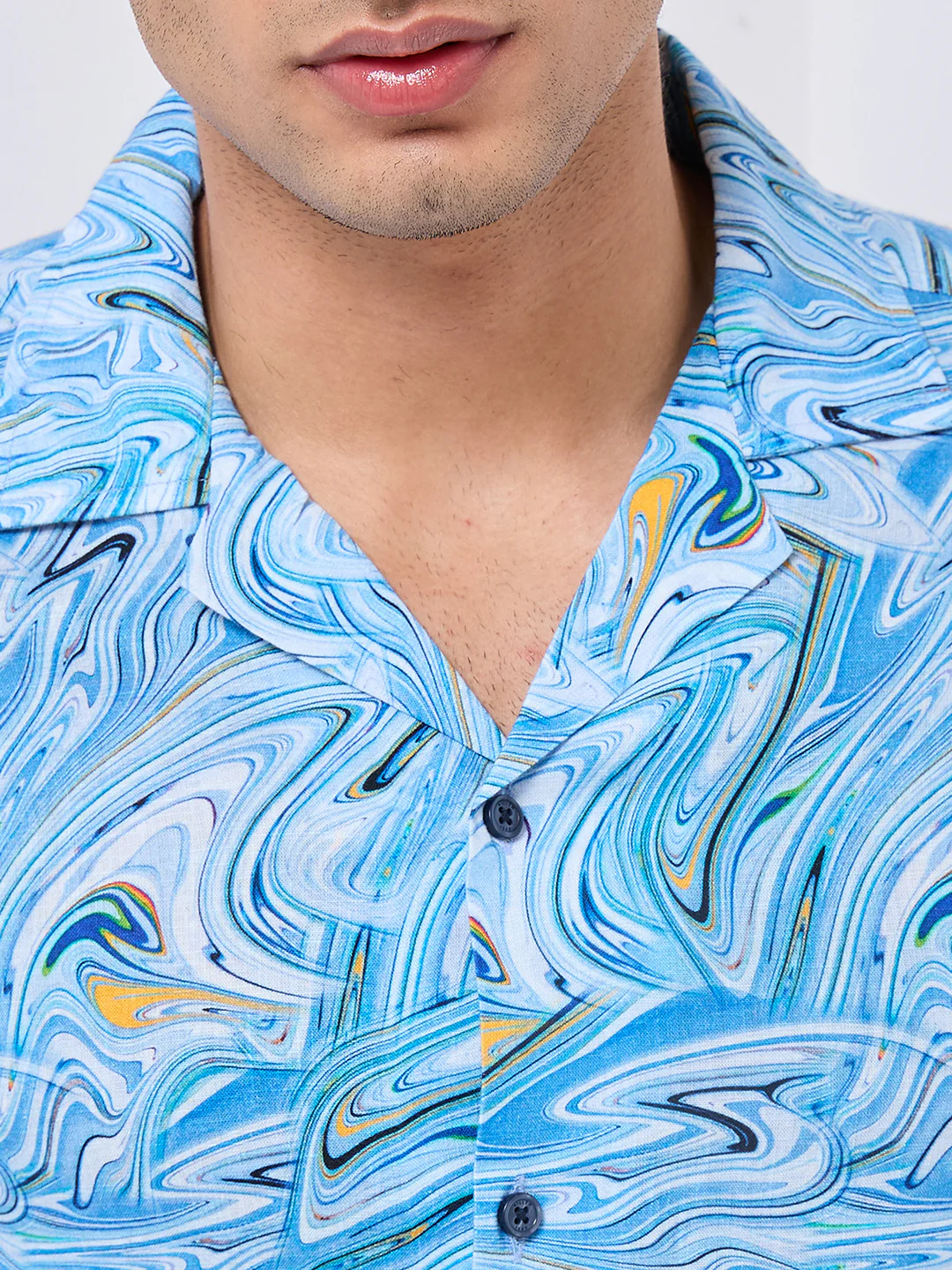 Half Sleeves Regular Fit Aqua Blue Liquid Art Cuban Collar Print Shirt - Image 7