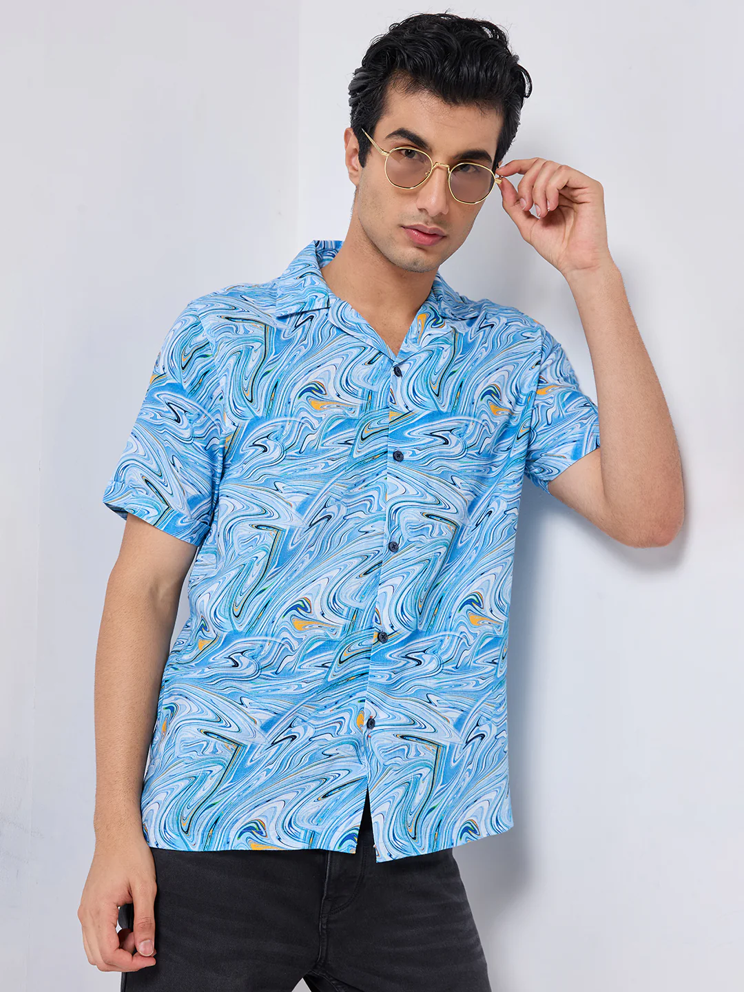 Half Sleeves Regular Fit Aqua Blue Liquid Art Cuban Collar Print Shirt - Image 8