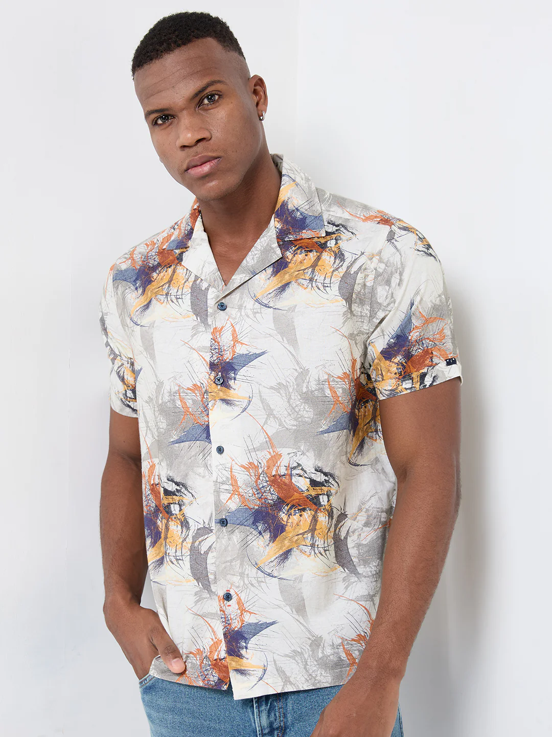 Half Sleeves Regular Fit Modern abstract botanical Cuban Collar Print Shirt - Image 3