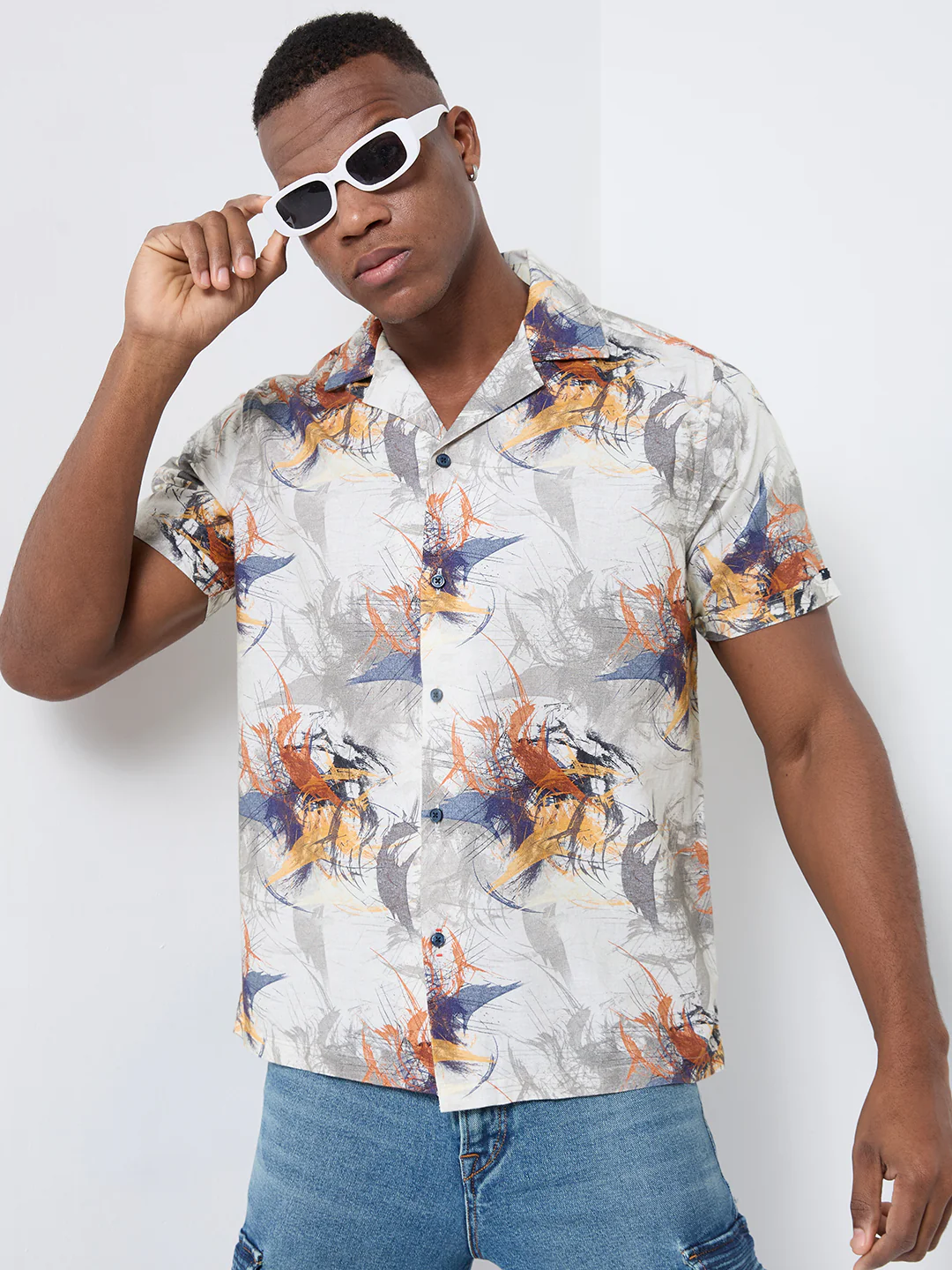 Half Sleeves Regular Fit Modern abstract botanical Cuban Collar Print Shirt - Image 8